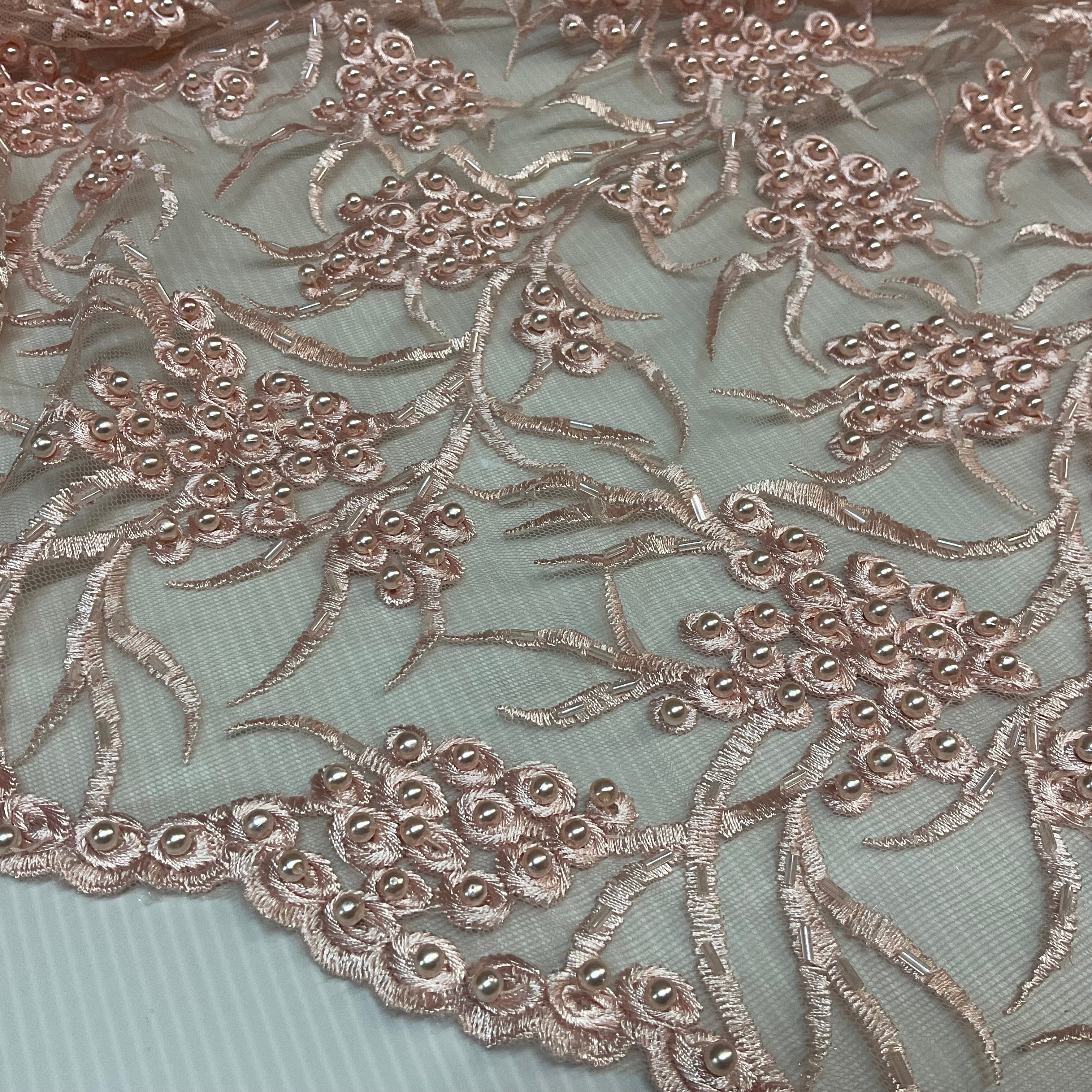 Pale Pink embroidery lace with pale pink faux pearls and pale pink bungle beads - Double scalloped border Fabric - M1400-36