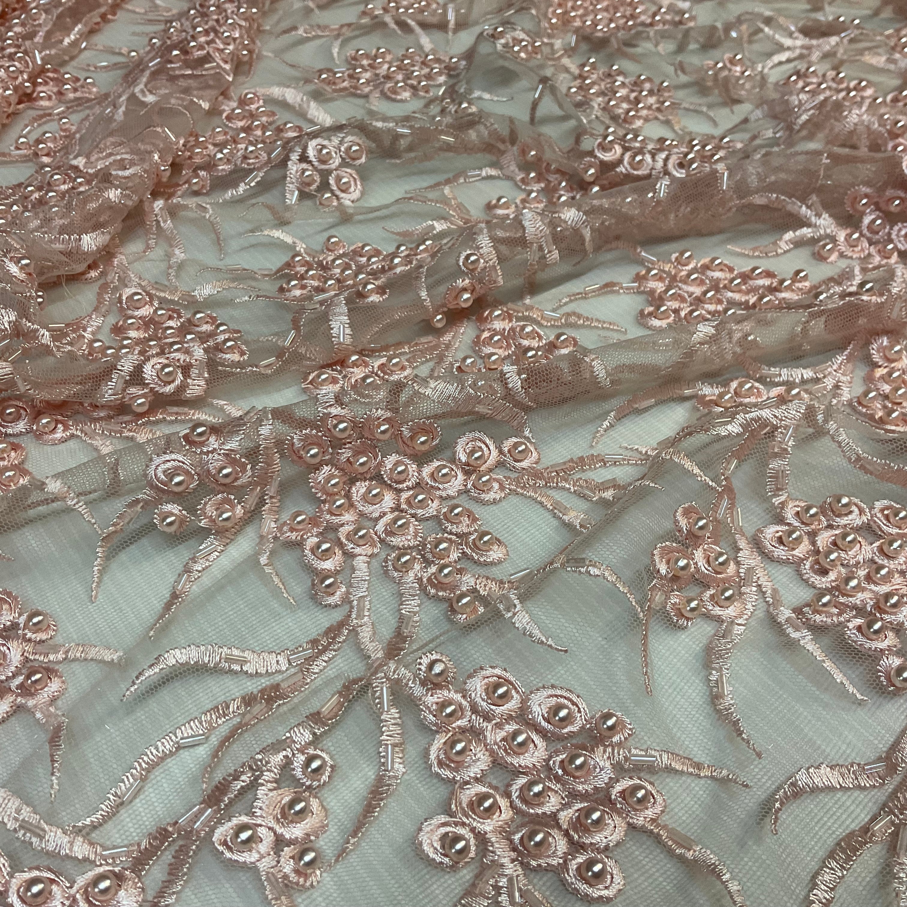 Pale Pink embroidery lace with pale pink faux pearls and pale pink bungle beads - Double scalloped border Fabric - M1400-36