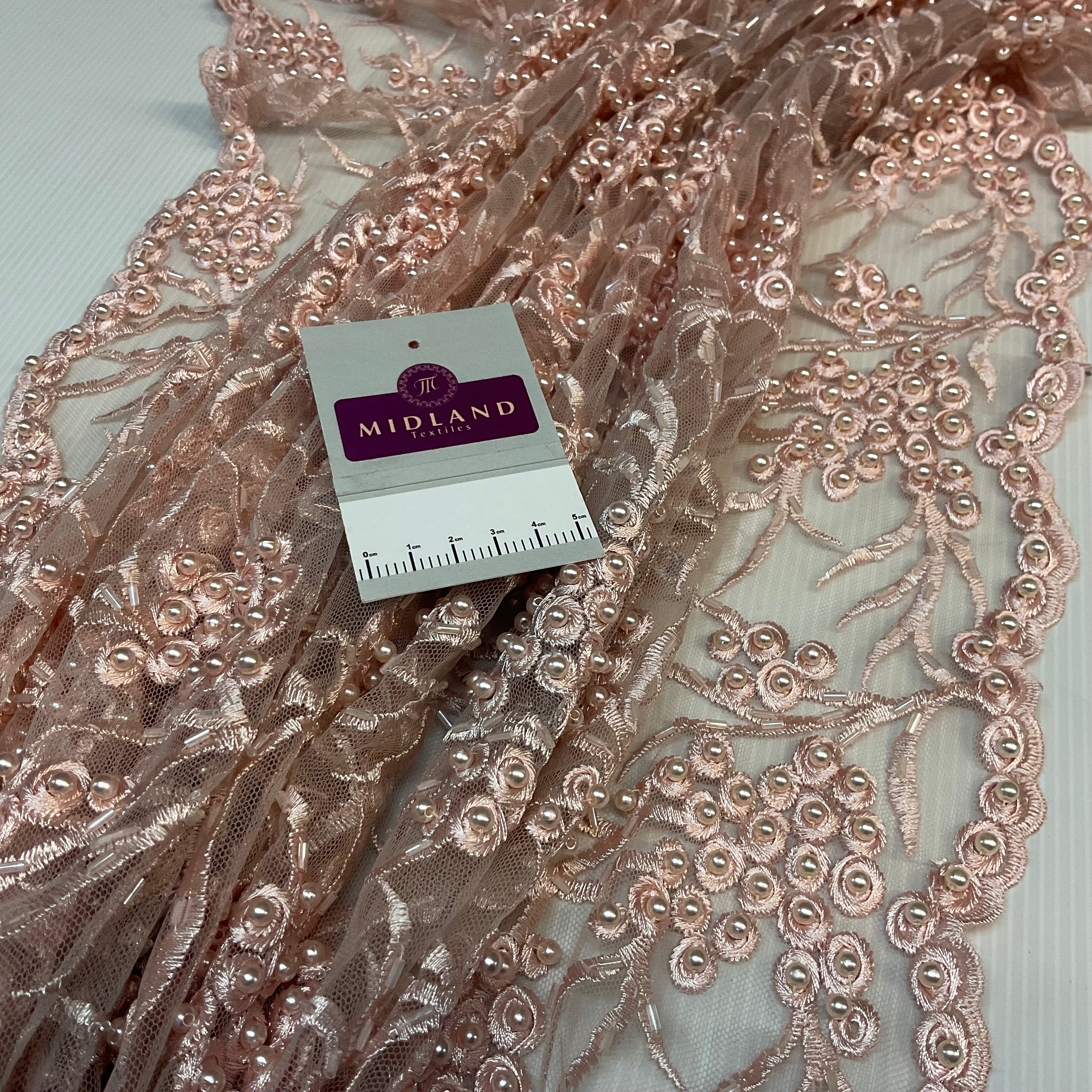 Pale Pink embroidery lace with pale pink faux pearls and pale pink bungle beads - Double scalloped border Fabric - M1400-36