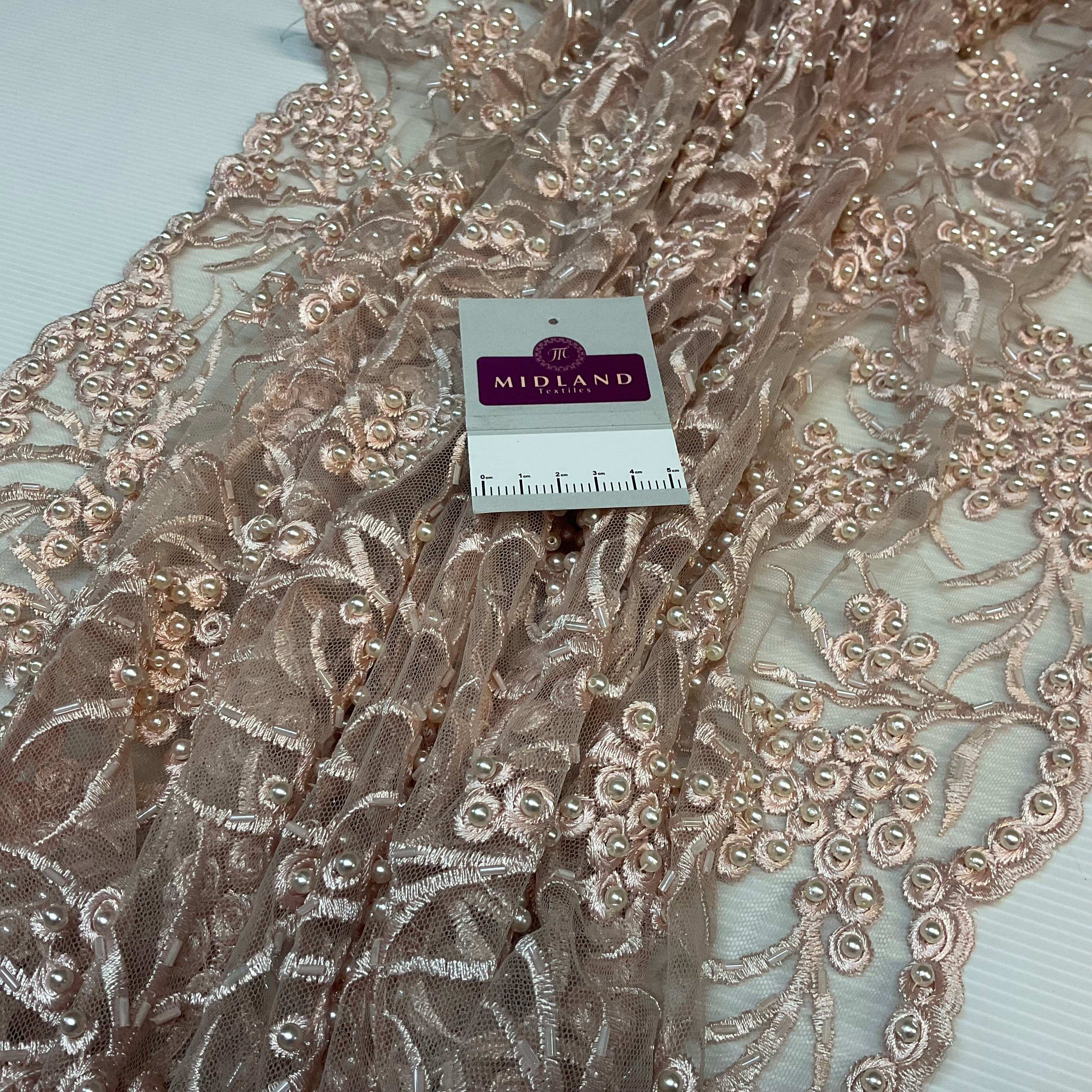 Blush embroidery lace with Blush faux pearls and Blush bungle beads - Double scalloped border Fabric - M1400-37