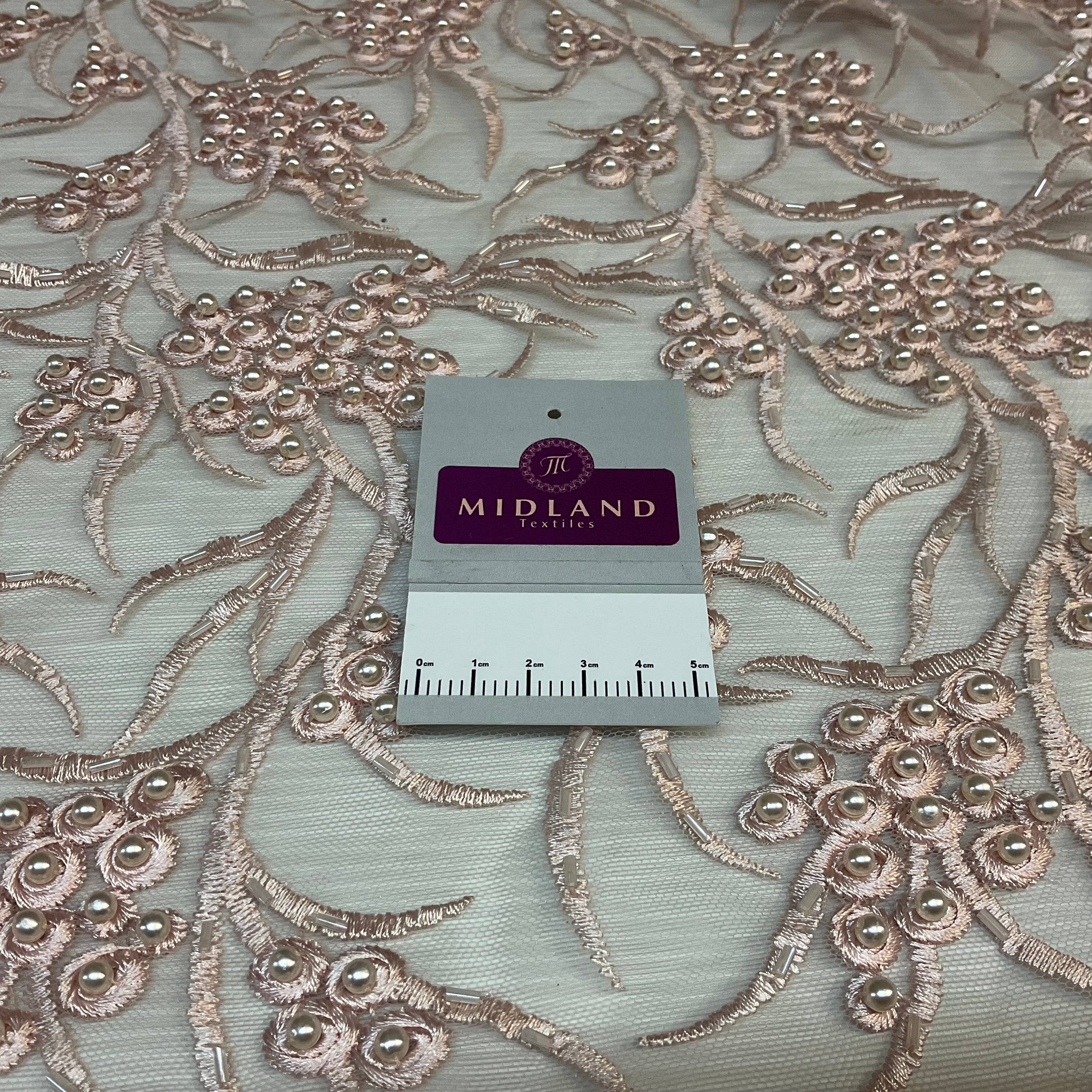 Blush embroidery lace with Blush faux pearls and Blush bungle beads - Double scalloped border Fabric - M1400-37