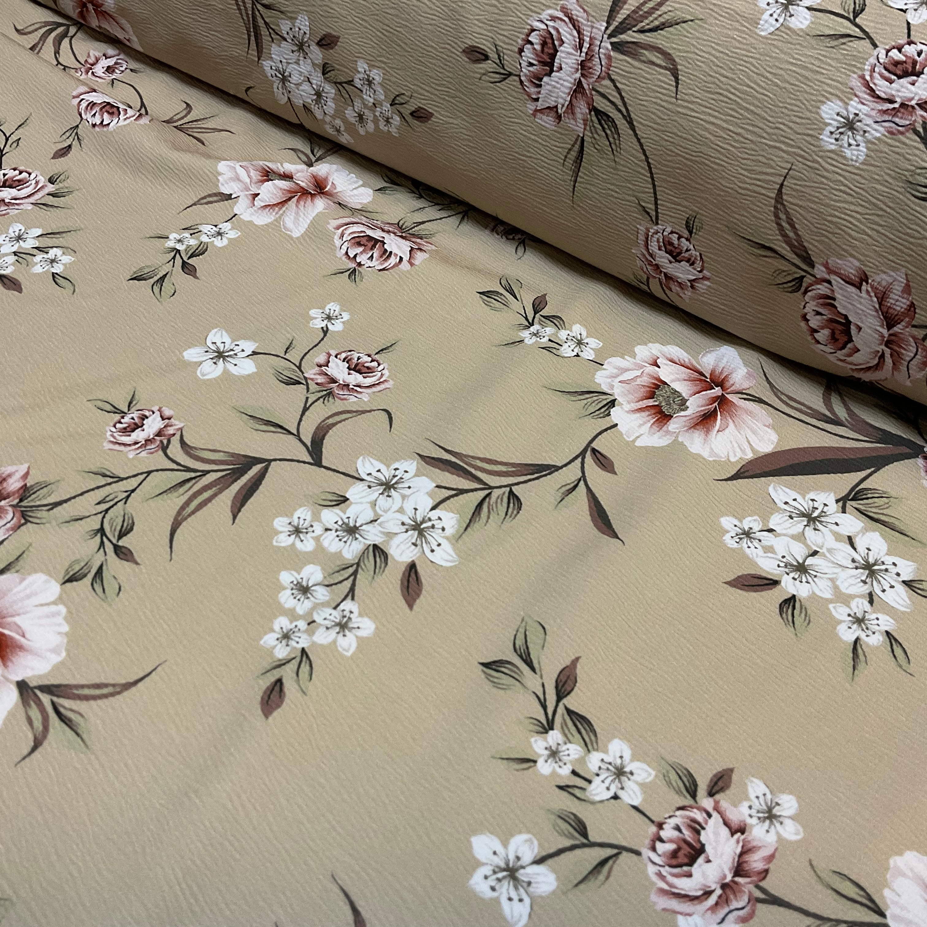 Beige Floral blossom crinkle Stretch Viscose – Soft Dressmaking fabric M2049-3