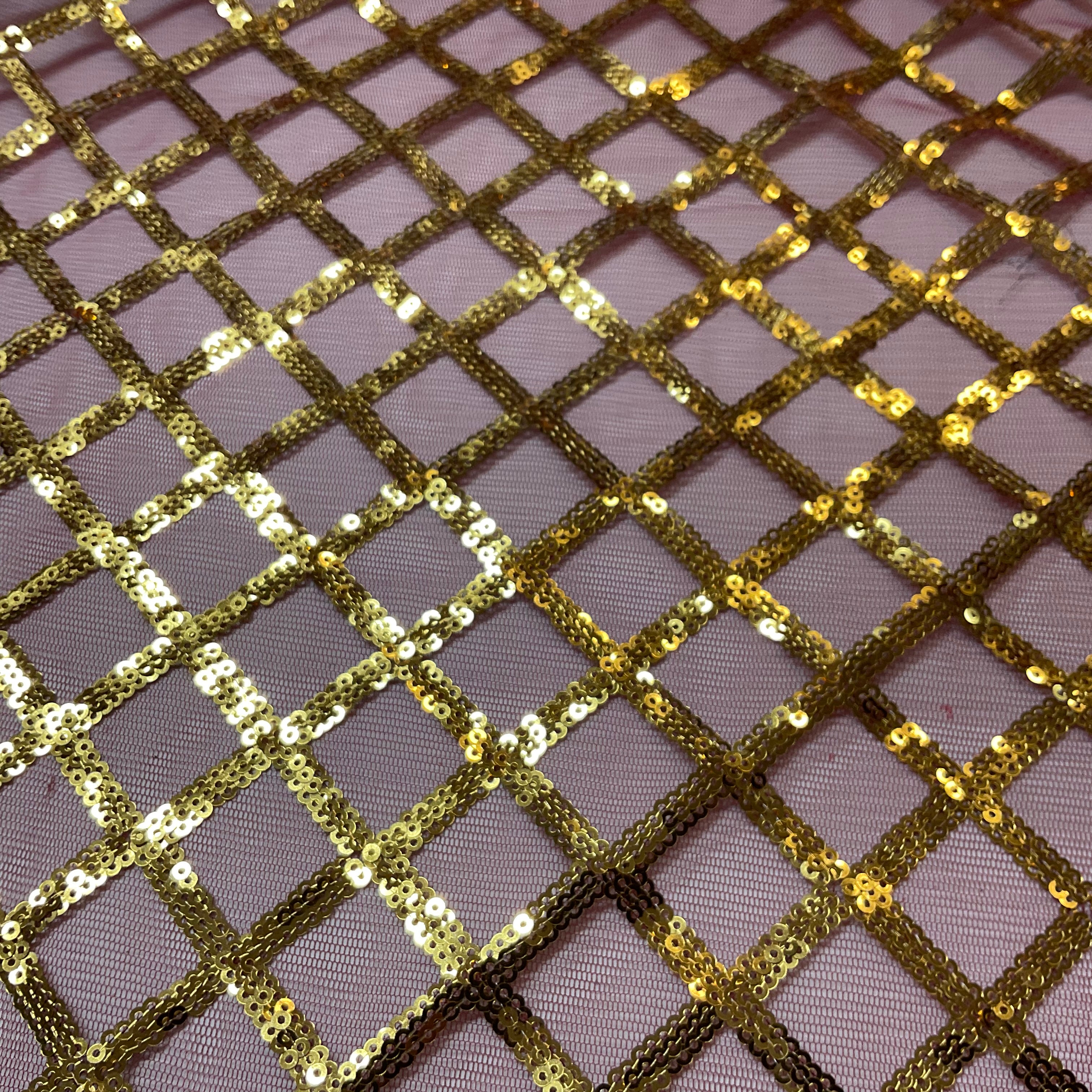 Sequin Diamond Geometric Stretch Fabric – 130cm Wide Gold, Green & Maroon M2137