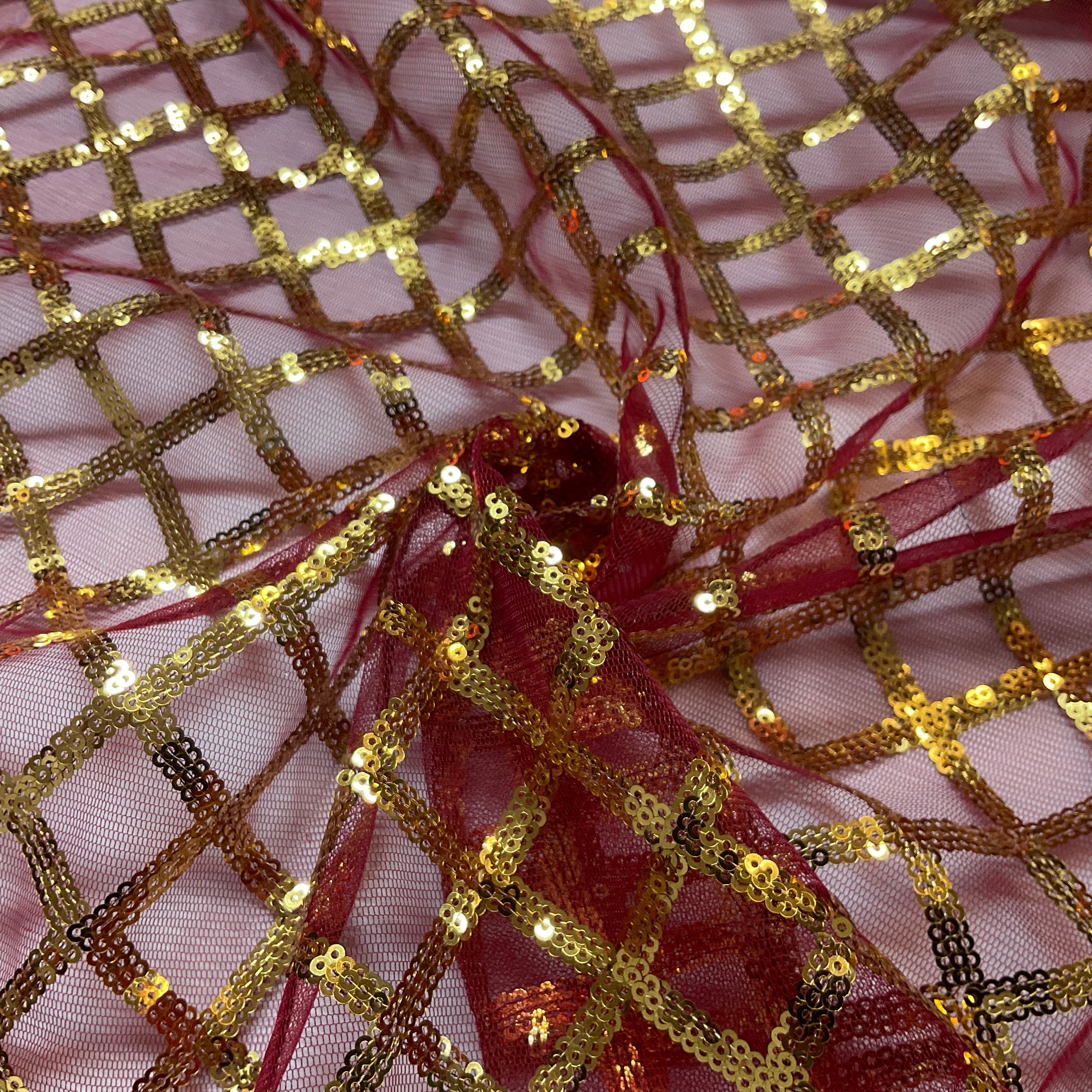 Sequin Diamond Geometric Stretch Fabric – 130cm Wide Gold, Green & Maroon M2137
