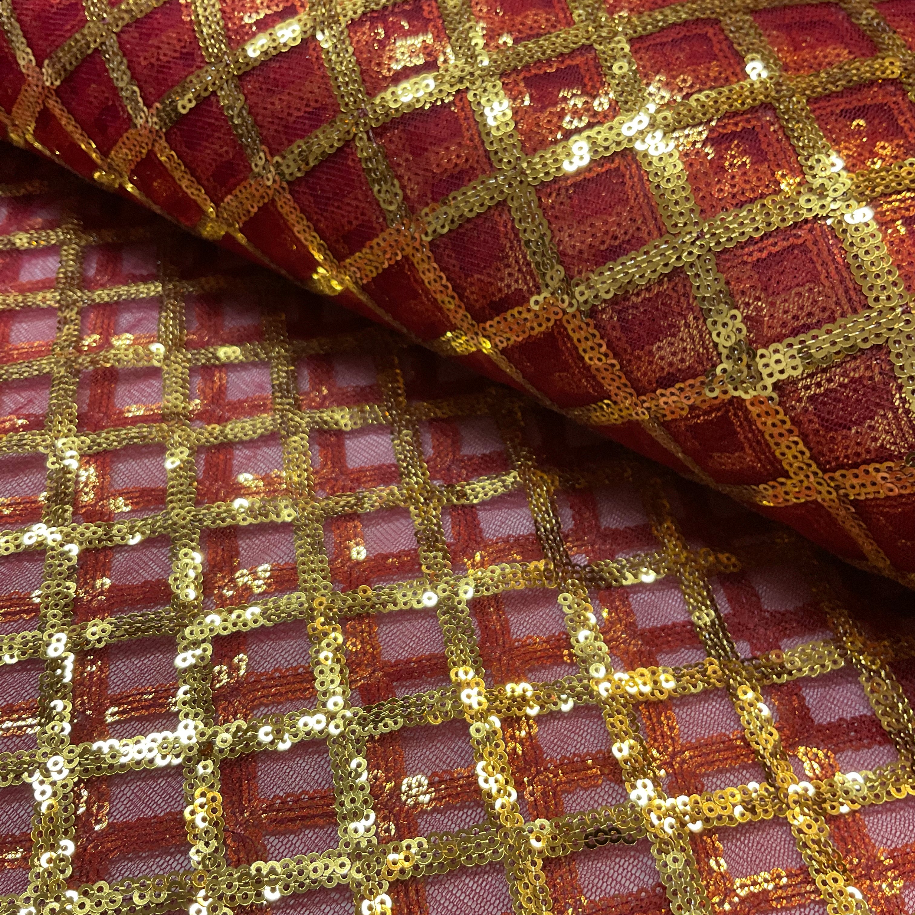 Sequin Diamond Geometric Stretch Fabric – 130cm Wide Gold, Green & Maroon M2137