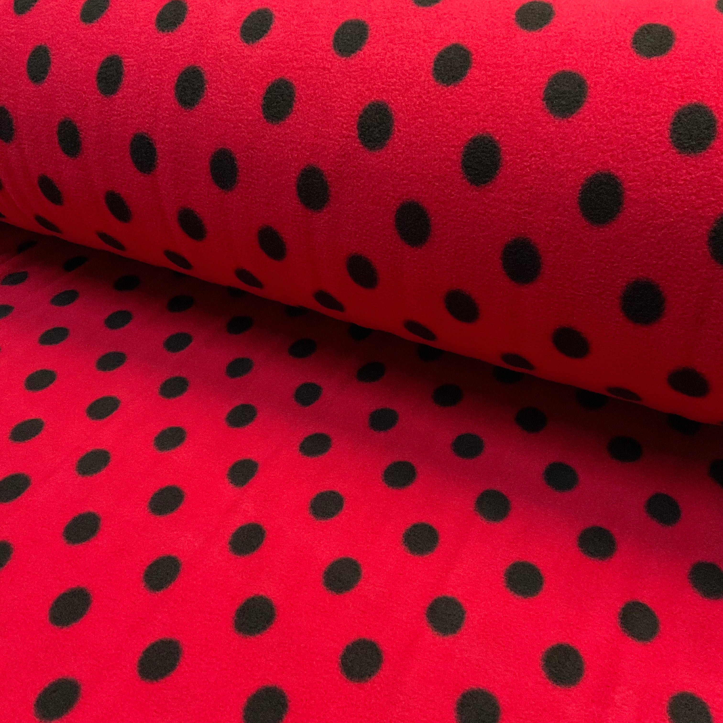 Black polka dot spots on red anti pil fleece ideal for Blankets & throws fabric 150cm wide M2067-4