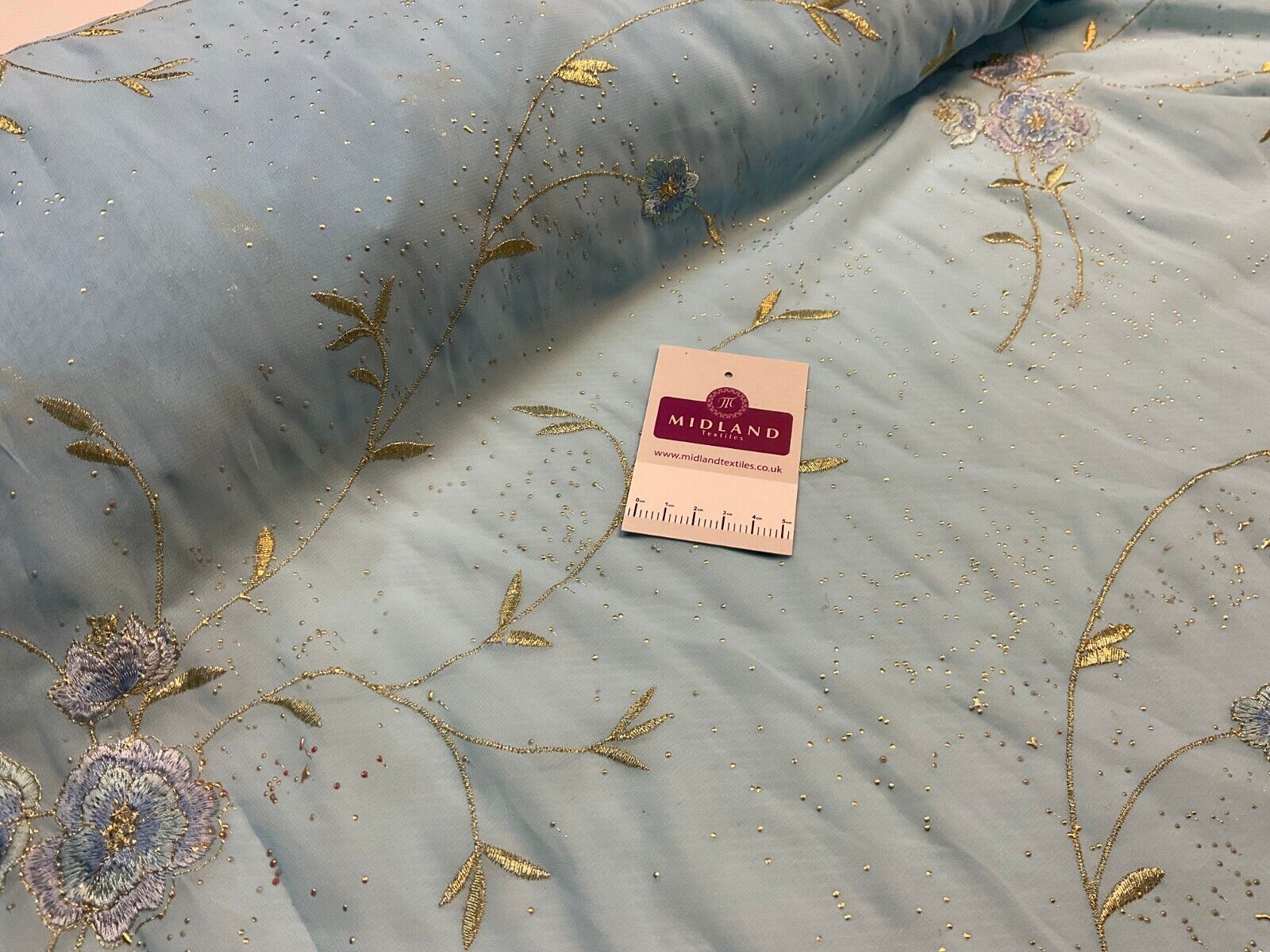 Double Scalloped Embroidery Chiffon with Gold Dew Drop Dress Fabric M1681