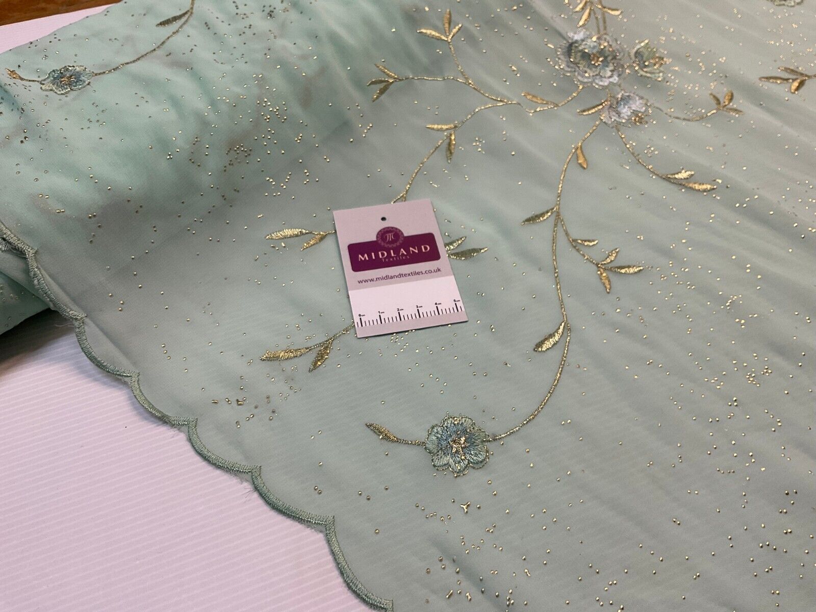 Double Scalloped Embroidery Chiffon with Gold Dew Drop Dress Fabric M1681