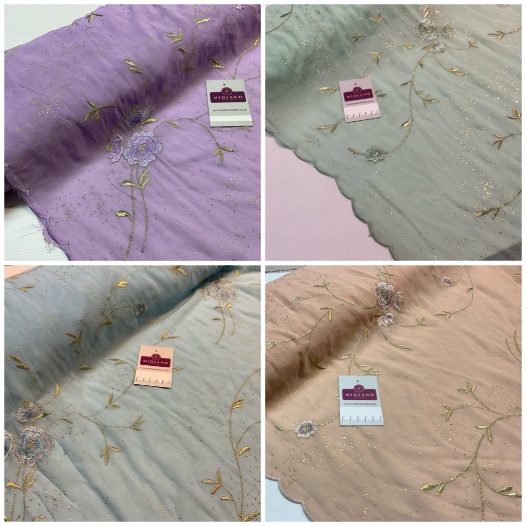 Double Scalloped Embroidery Chiffon with Gold Dew Drop Dress Fabric M1681