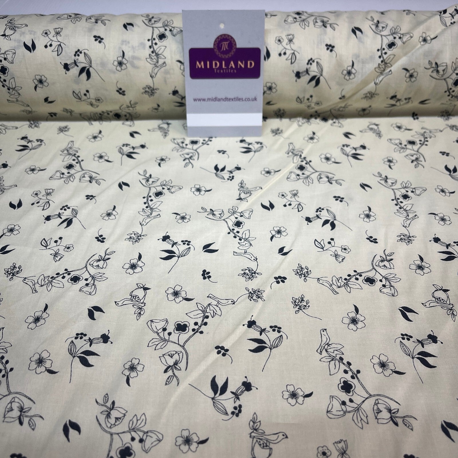 £5.99 Cream Bird Floral  100% Cotton Dress fabric M1400-49 Mtex