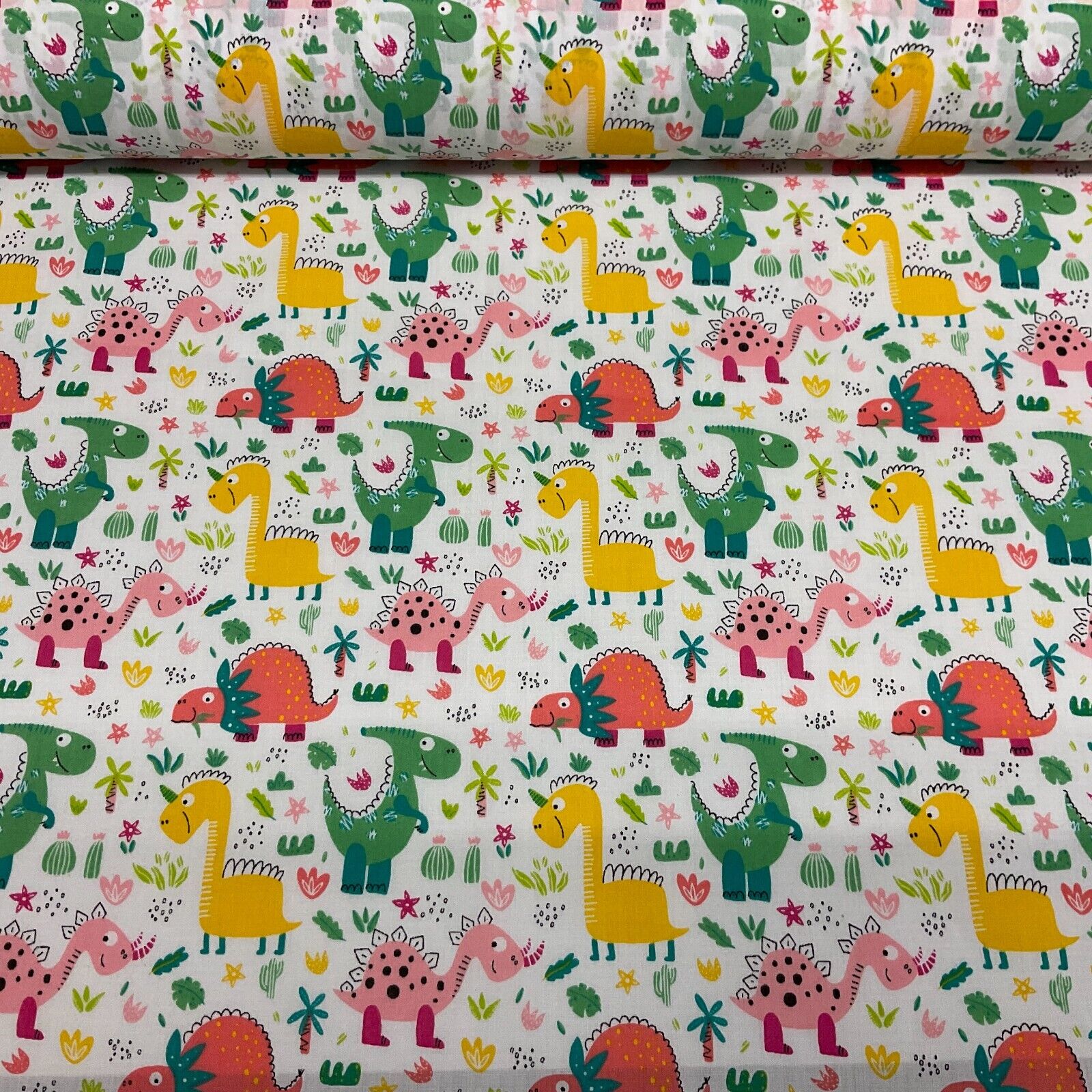White Colourful Dinosaurs Children Poly cotton printed lightweight fabric M1642
