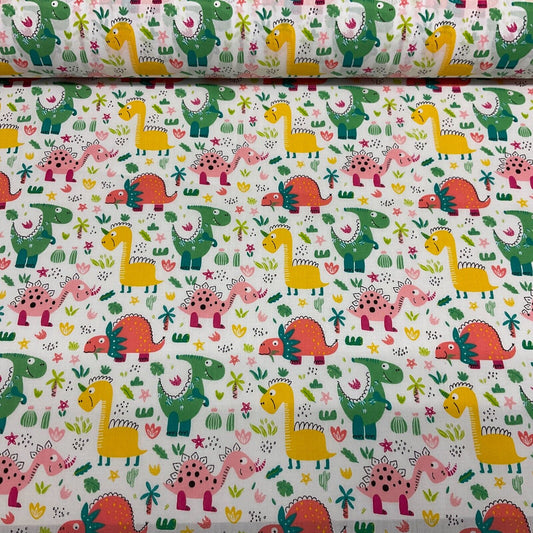 White Colourful Dinosaurs Children Poly cotton printed lightweight fabric M1642