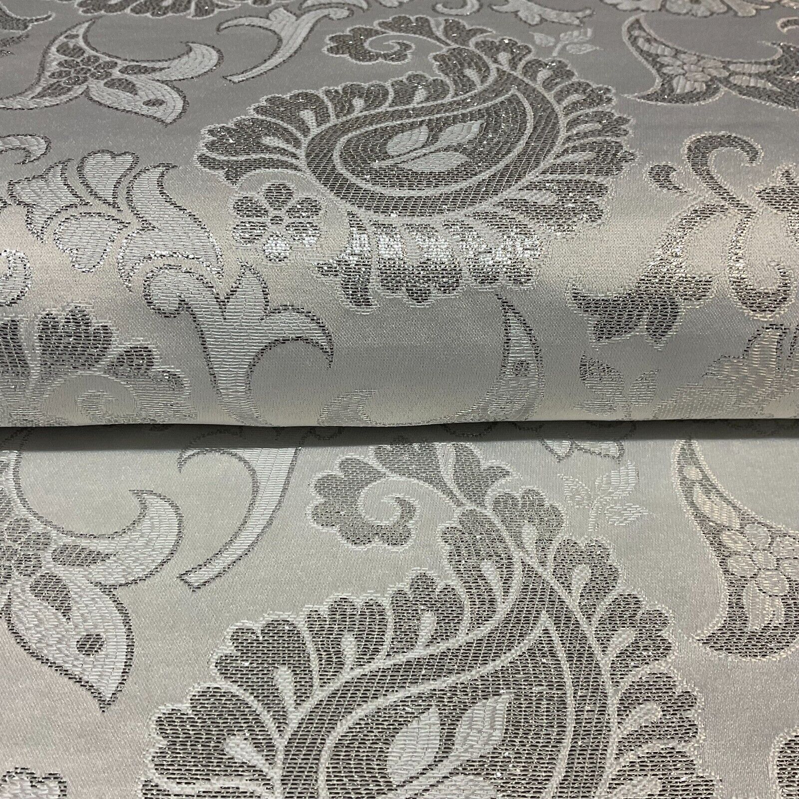 White Silver Floral Geometric Mixed Banarsi Brocade Fabric 111cm wide M1691