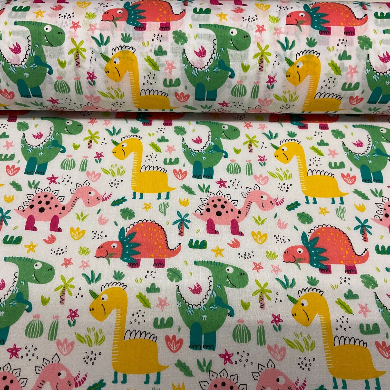 White Colourful Dinosaurs Children Poly cotton printed lightweight fabric M1642