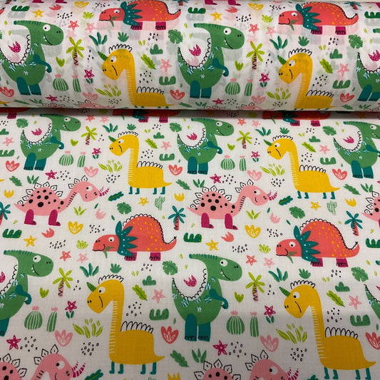 White Colourful Dinosaurs Children Poly cotton printed lightweight fabric M1642
