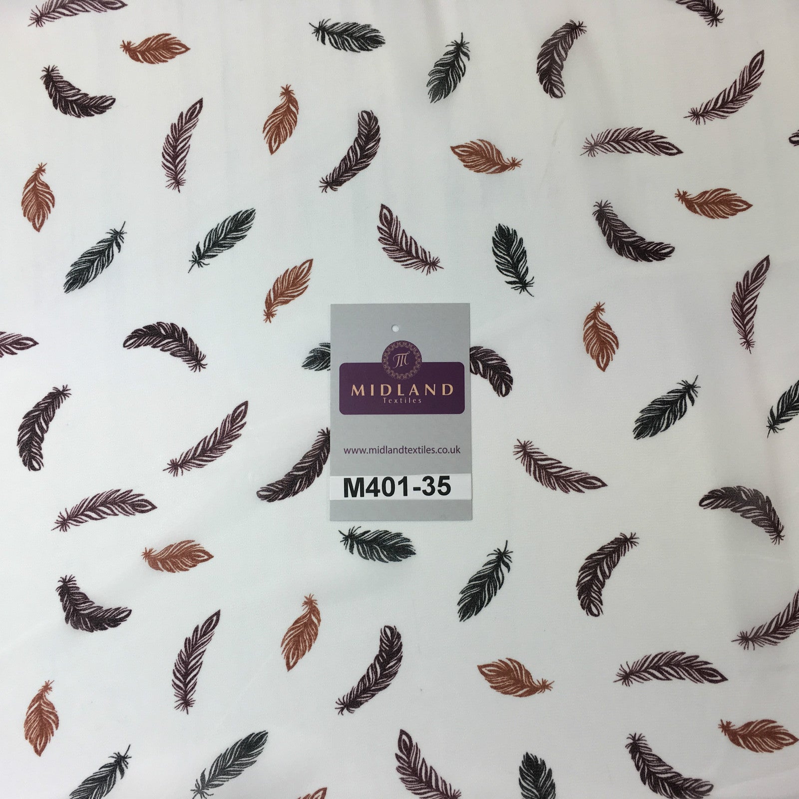 £2.99 Pearl White feather printed light chiffon georgette Fabric 58' M401-35