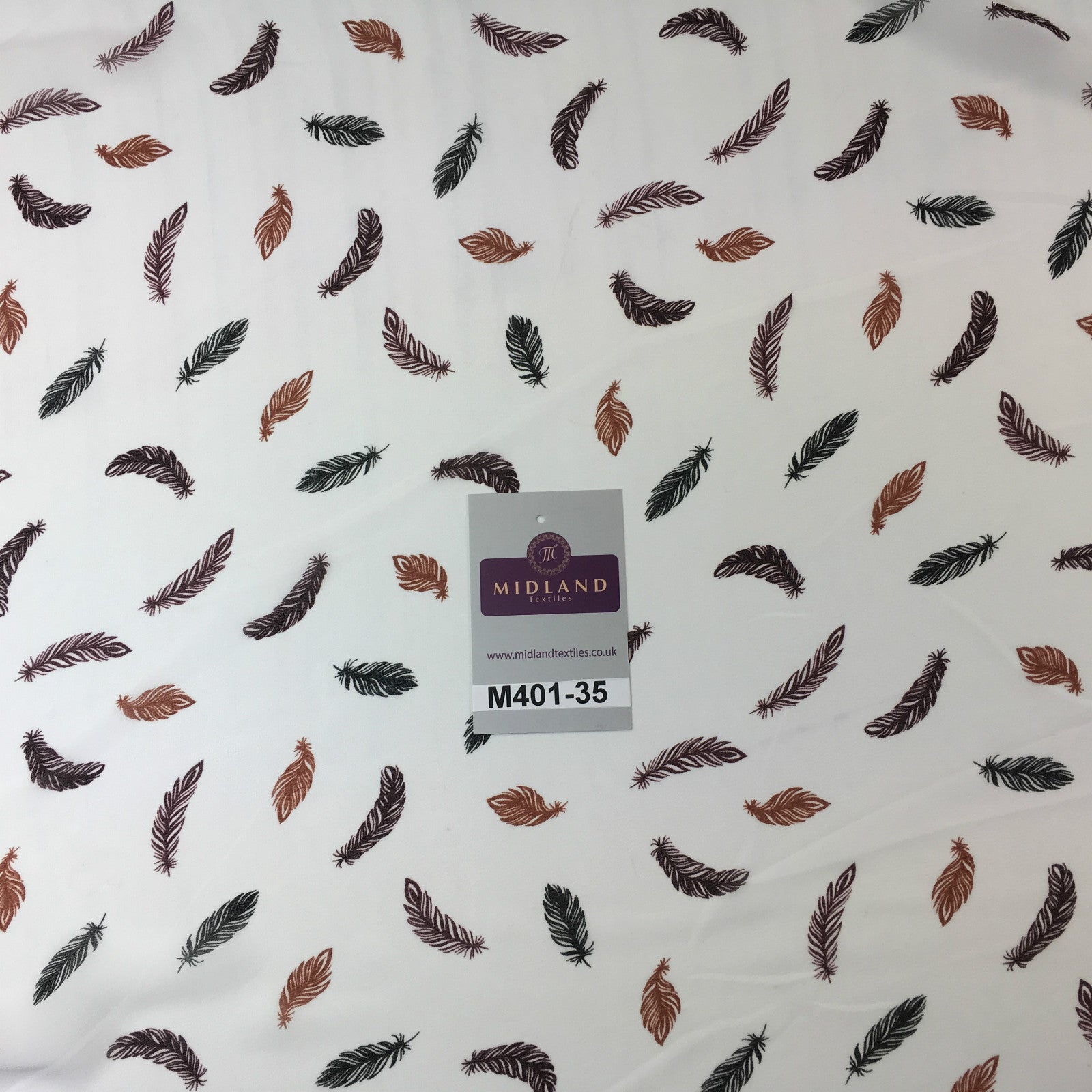 £2.99 Pearl White feather printed light chiffon georgette Fabric 58' M401-35