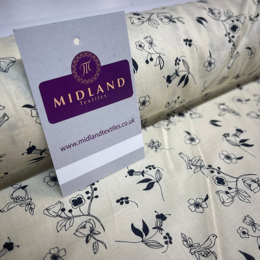 £5.99 Cream Bird Floral  100% Cotton Dress fabric M1400-49 Mtex