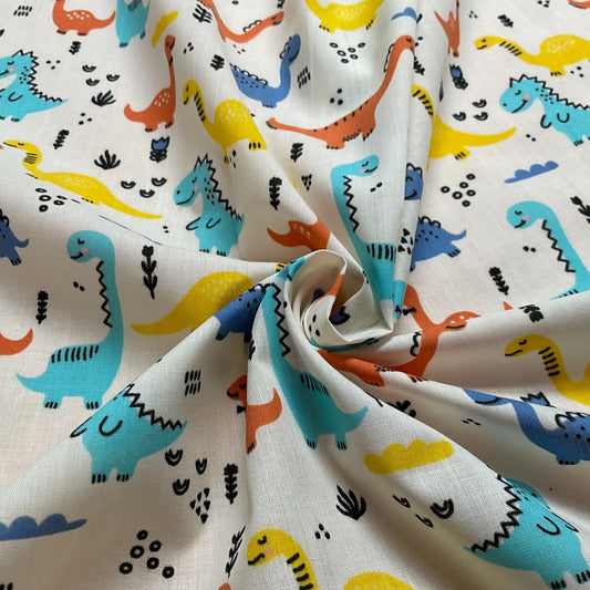 Colourful Dinosaurs Children's Poly cotton printed lightweight fabric M1644