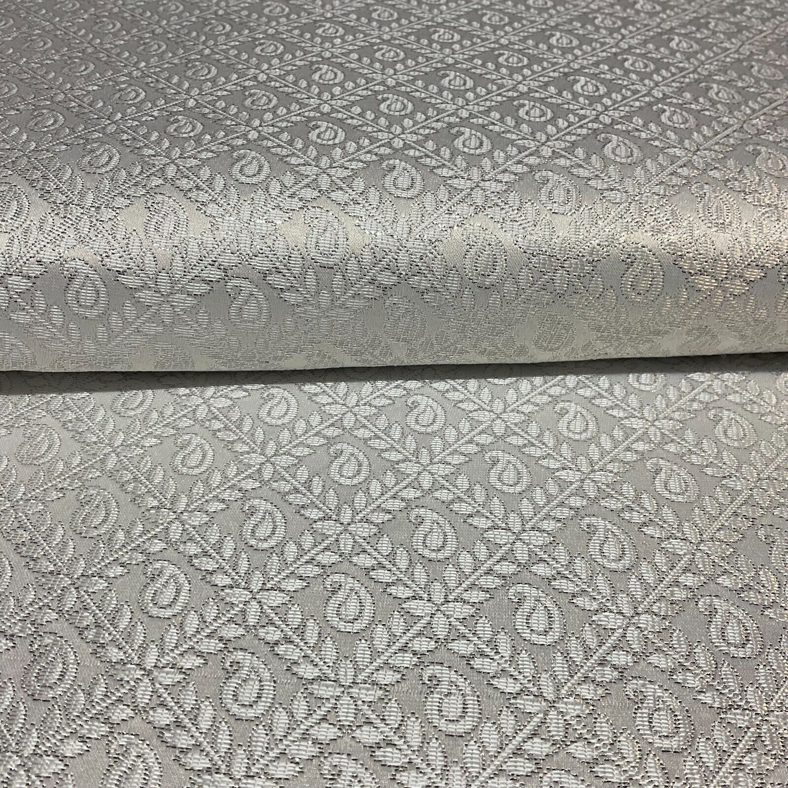 White Silver Floral Geometric Mixed Banarsi Brocade Fabric 111cm wide M1691