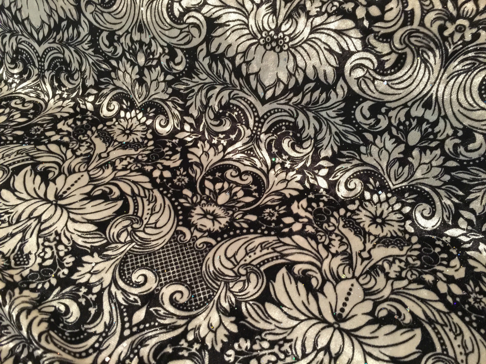 £6.99/m Ornamental Print two way Stretch Glitter Velvet 58' M16-10 and M16-11