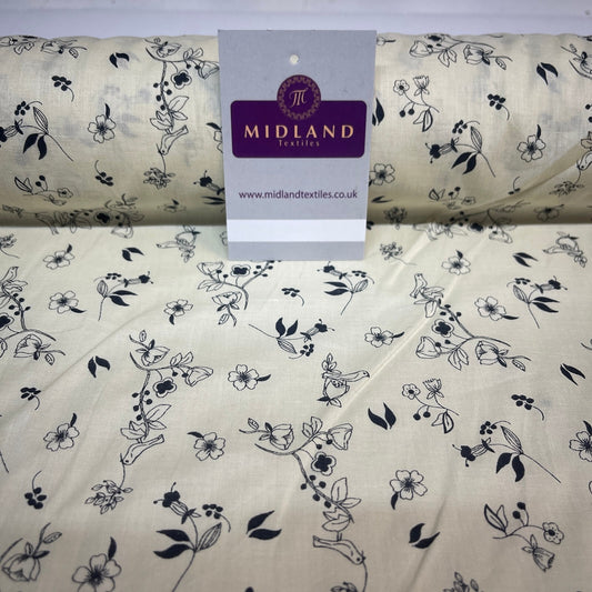 £5.99 Cream Bird Floral  100% Cotton Dress fabric M1400-49 Mtex