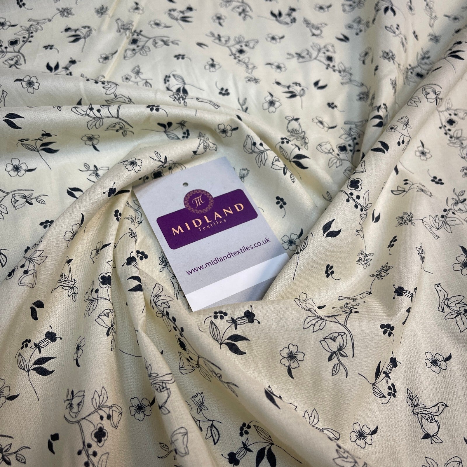 £5.99 Cream Bird Floral  100% Cotton Dress fabric M1400-49 Mtex