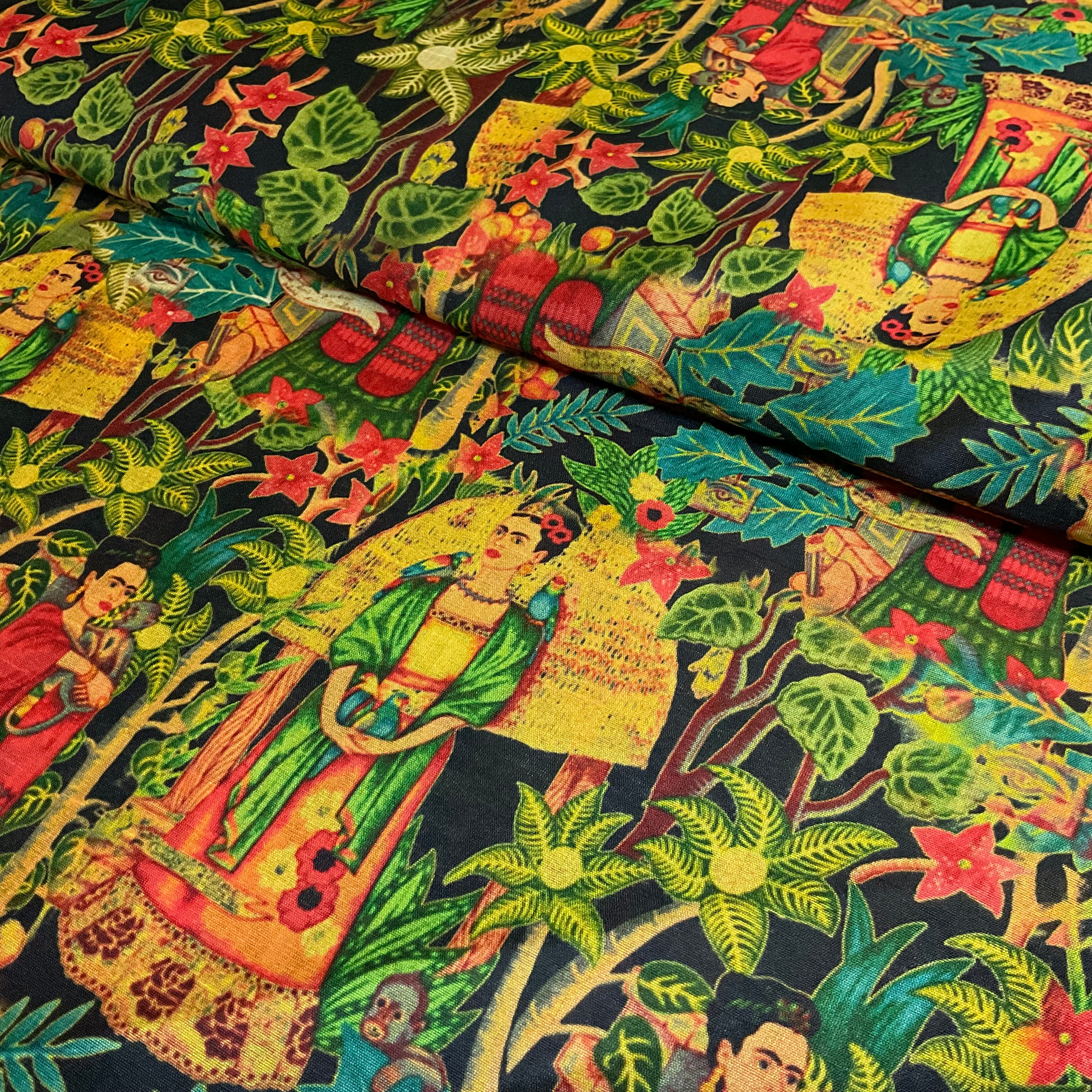 Mexican Tropical jungle portraits faux mango silk Dress fabric M2047-5