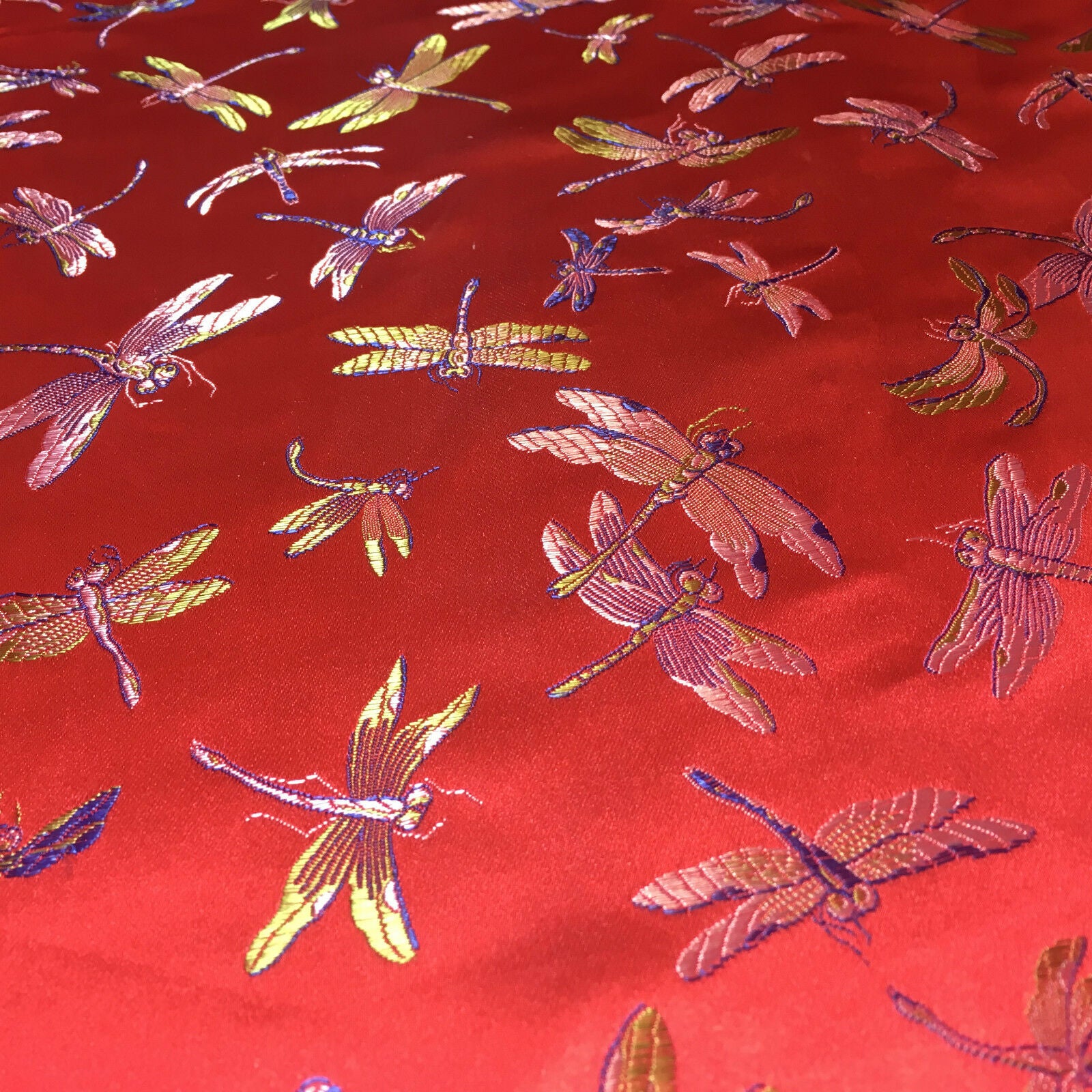 CHINESE ORIENTAL GOLD DRAGONFLY BROCADE SILKY SATIN DRESS FABRIC 44' M163