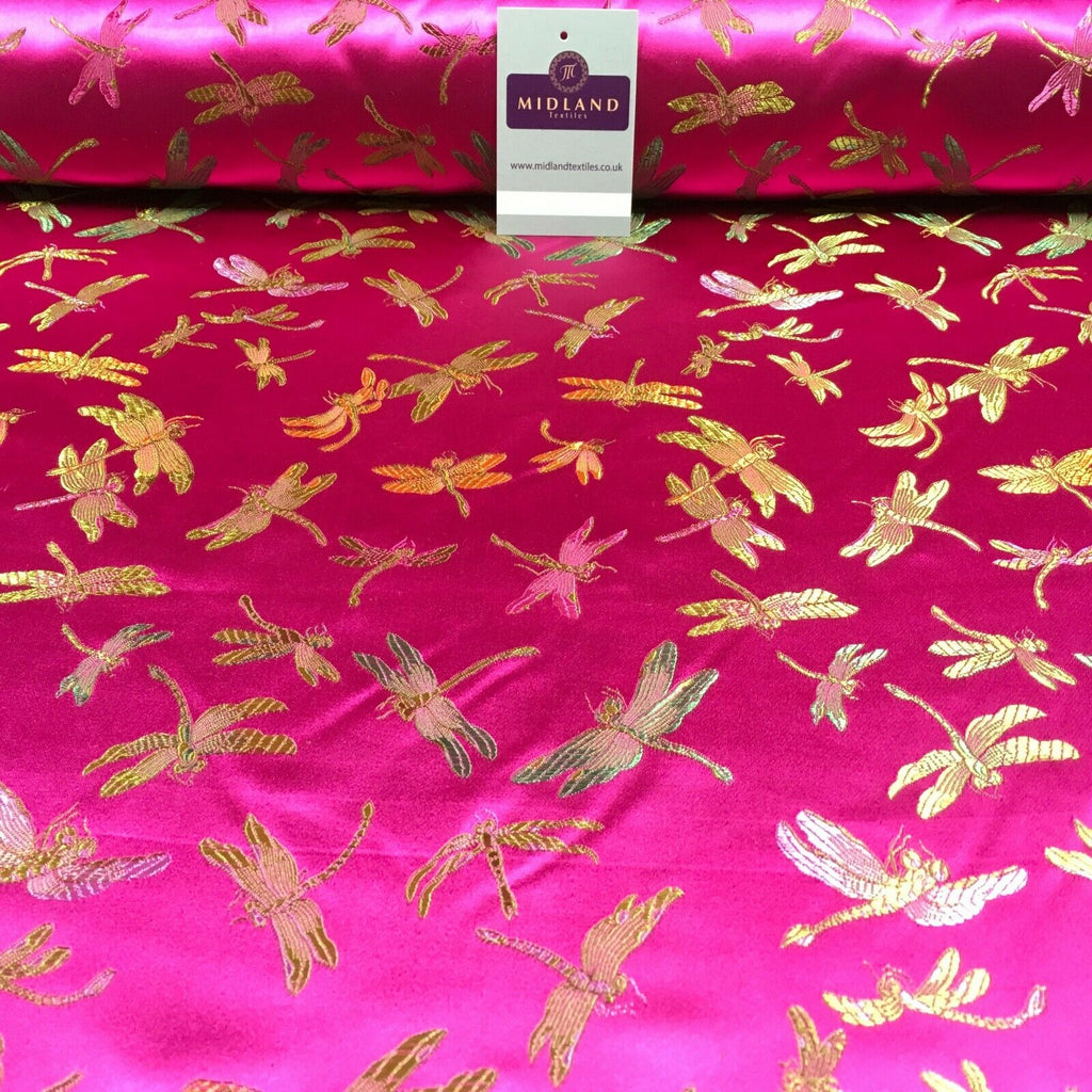 CHINESE ORIENTAL GOLD DRAGONFLY BROCADE SILKY SATIN DRESS FABRIC 44" M163