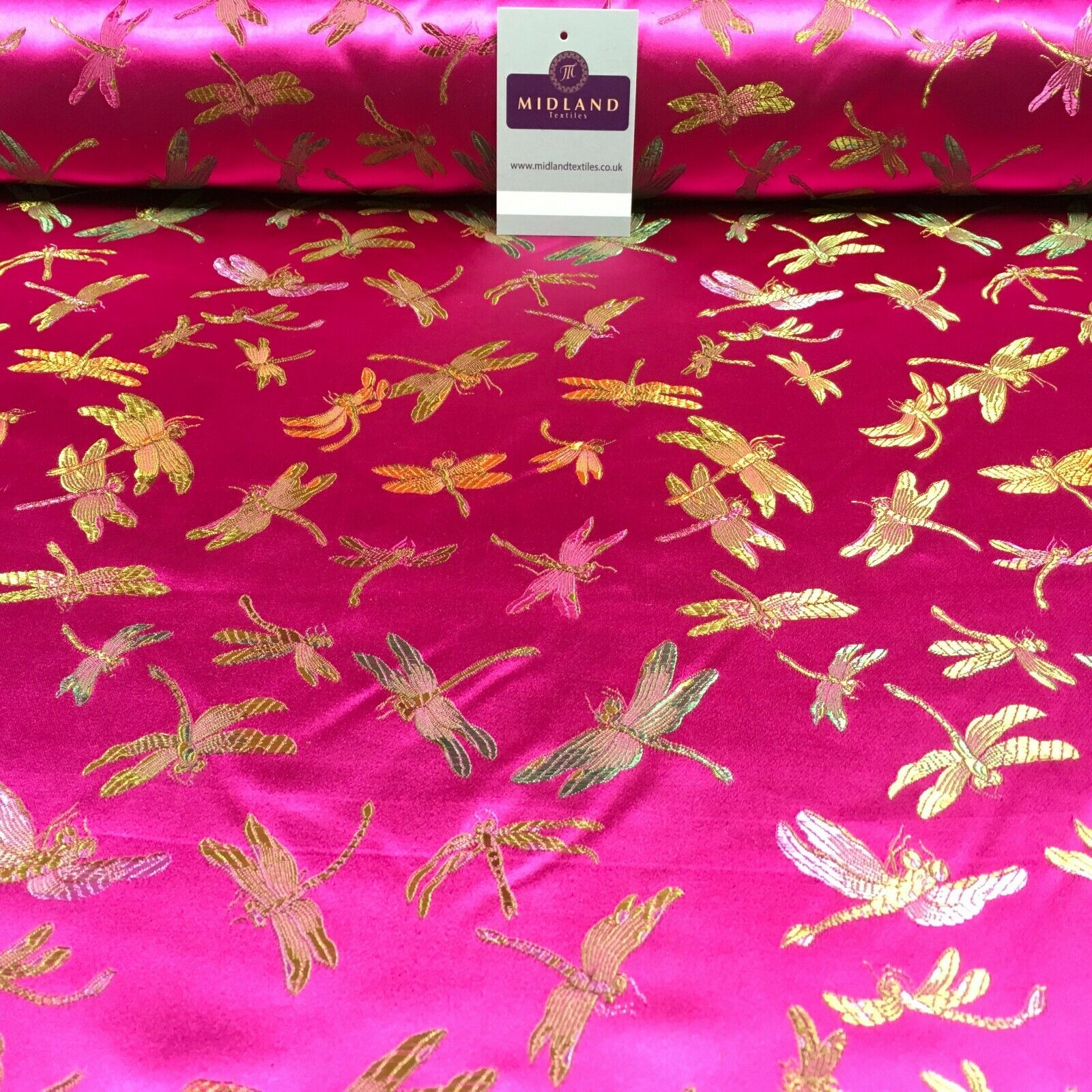 CHINESE ORIENTAL GOLD DRAGONFLY BROCADE SILKY SATIN DRESS FABRIC 44' M163