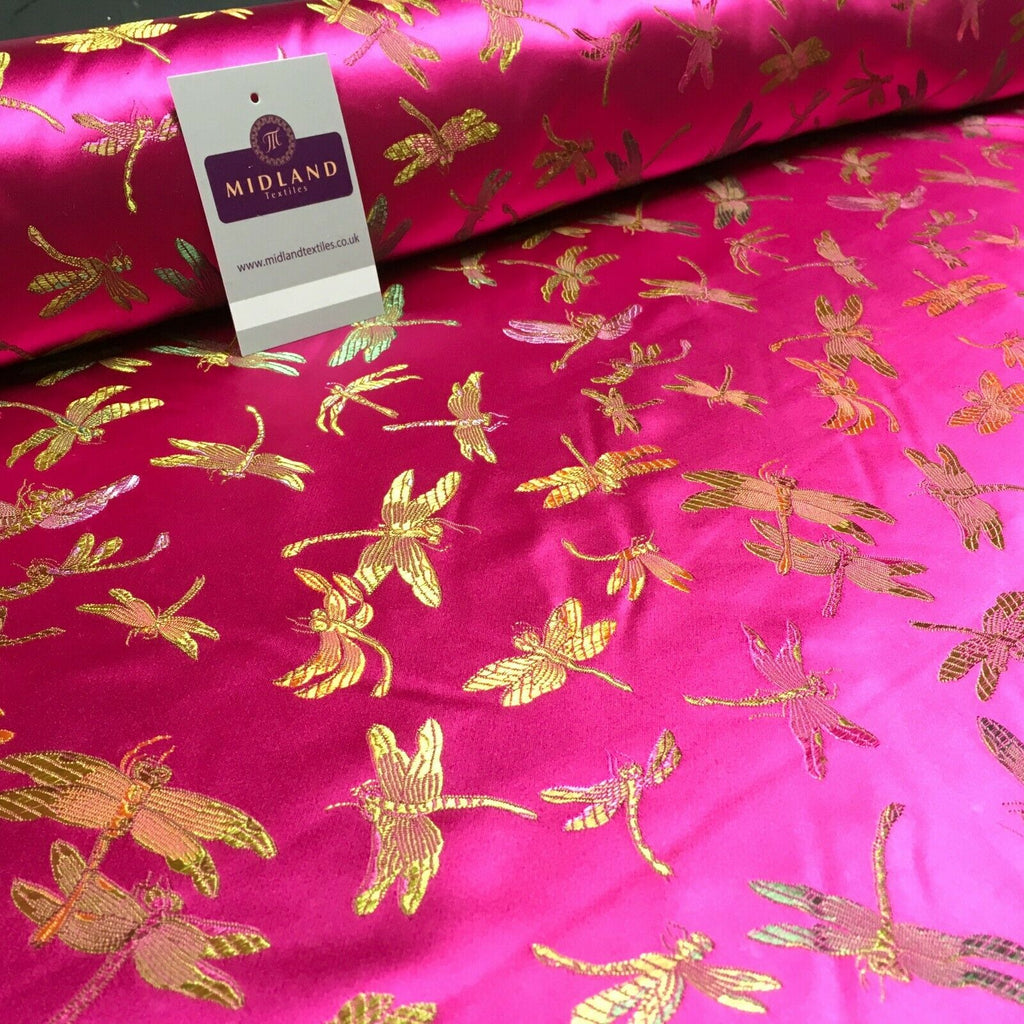 CHINESE ORIENTAL GOLD DRAGONFLY BROCADE SILKY SATIN DRESS FABRIC 44" M163