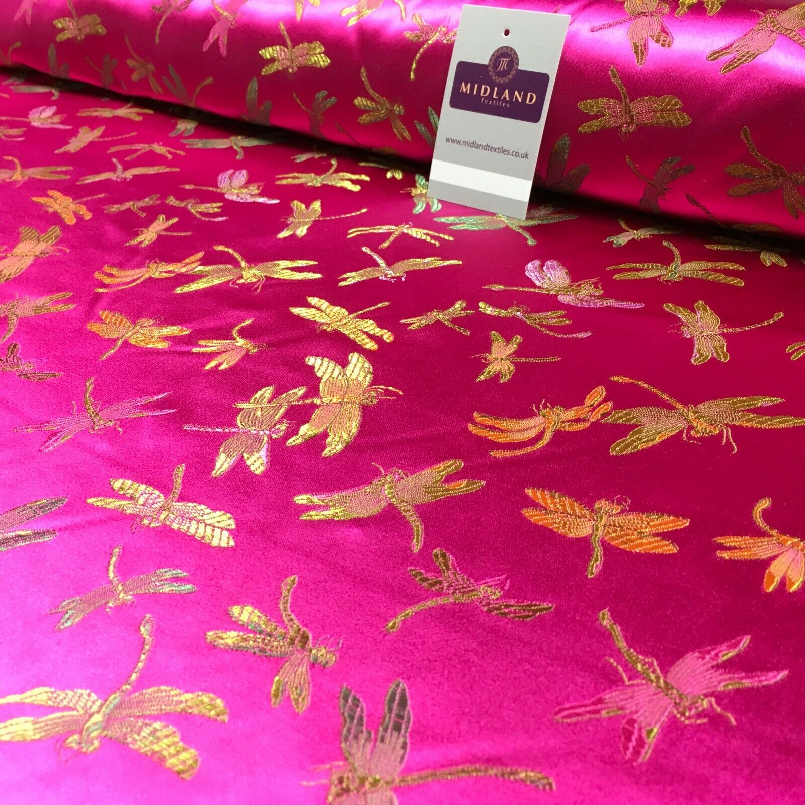 CHINESE ORIENTAL GOLD DRAGONFLY BROCADE SILKY SATIN DRESS FABRIC 44' M163