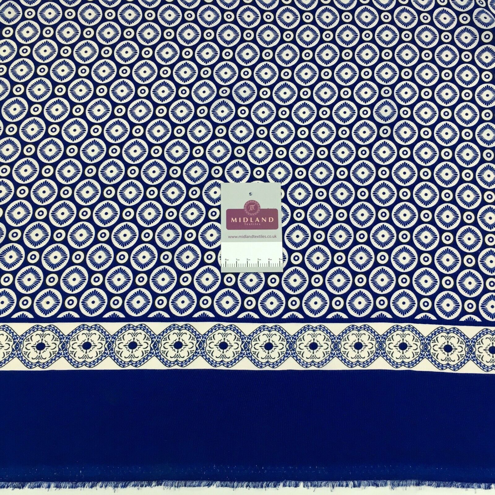 Royal Blue Geometric border Peach crepe Fabric M1400-1 Mtex