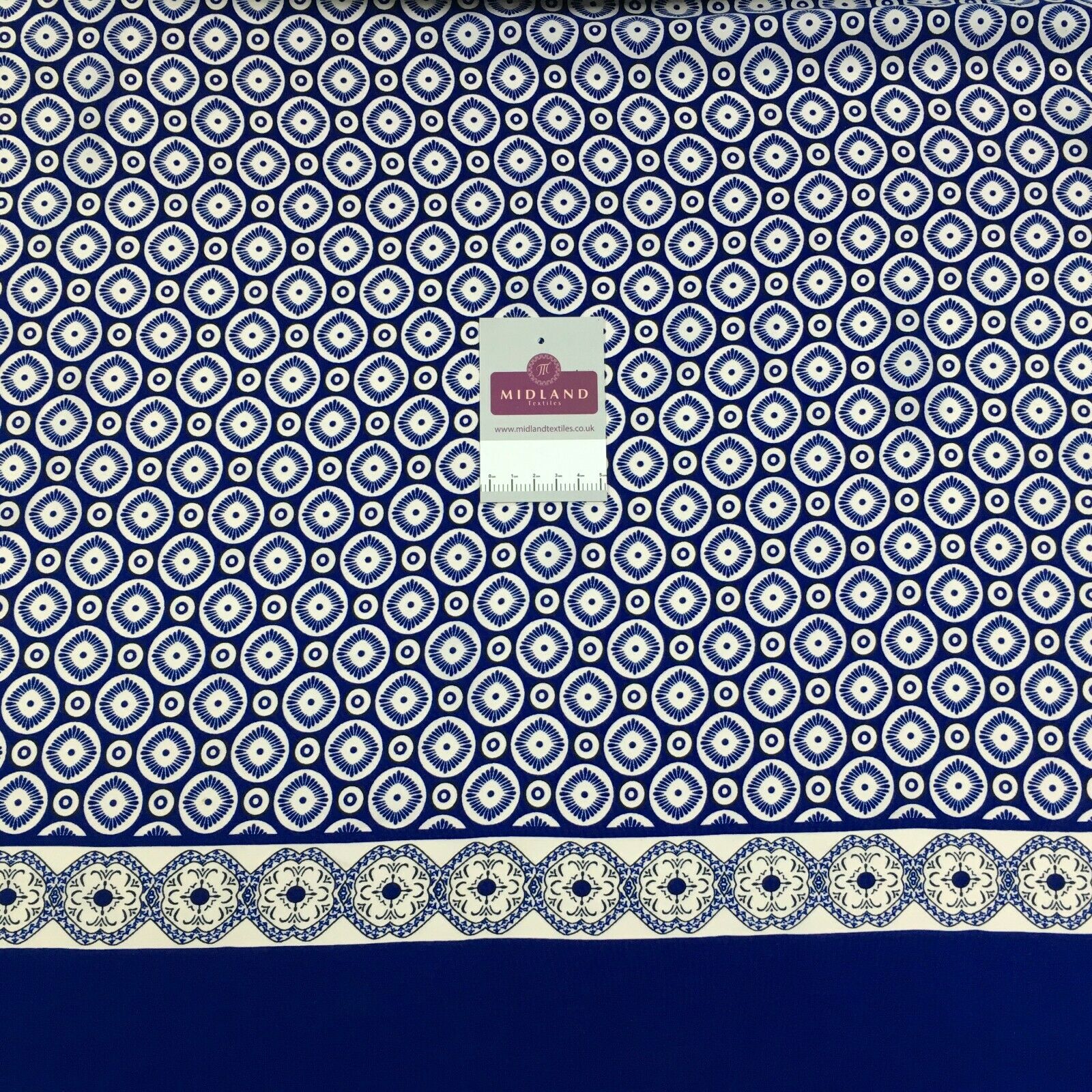 Royal Blue Geometric border Peach crepe Fabric M1400-1 Mtex