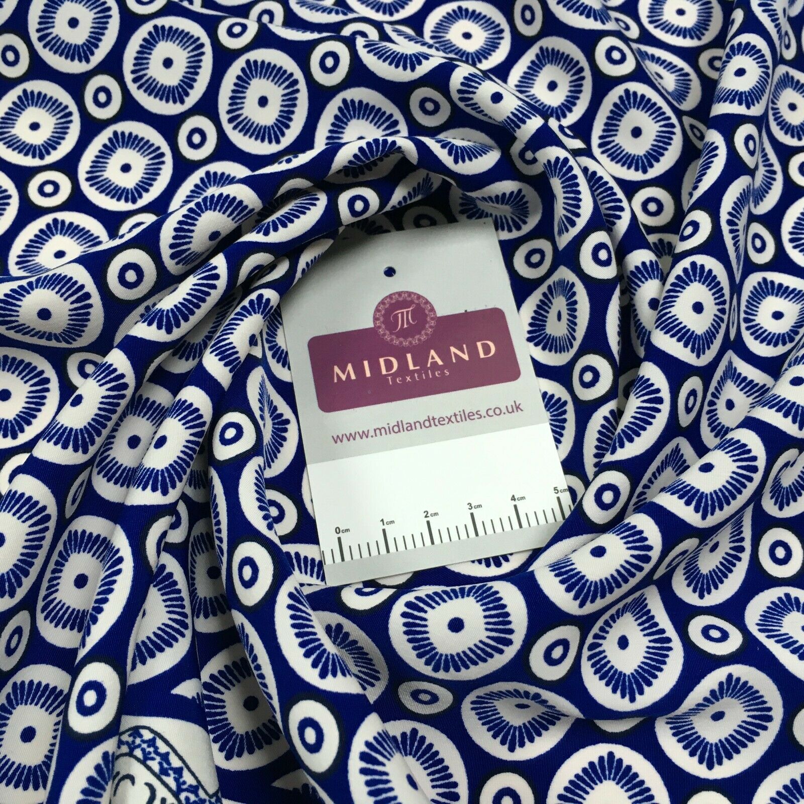 Royal Blue Geometric border Peach crepe Fabric M1400-1 Mtex