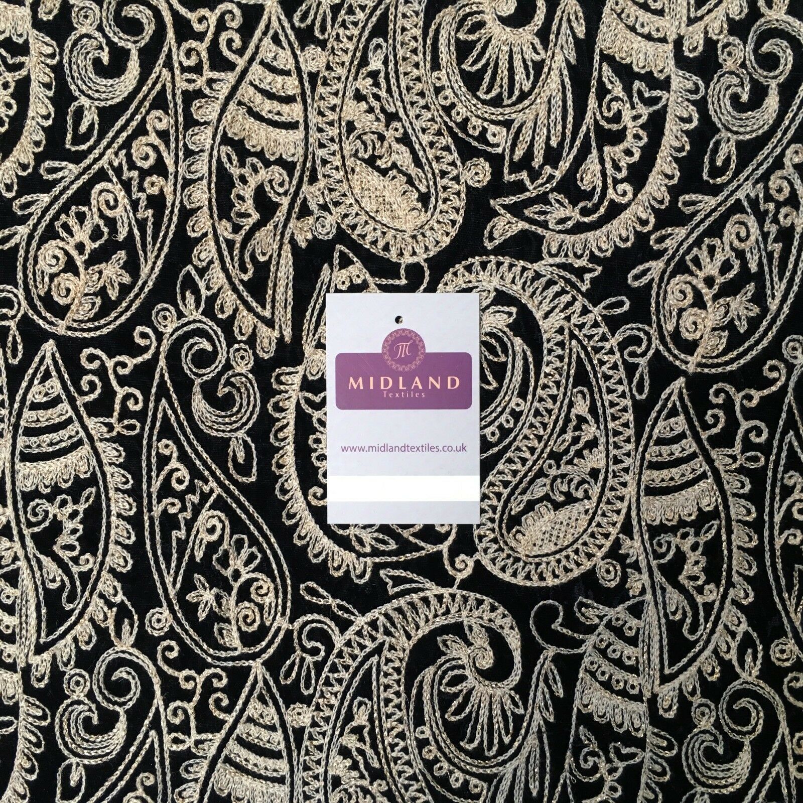 metallic thread Paisley Embroidered Micro Velvet Dress Fabric 40' M1038 Mtex