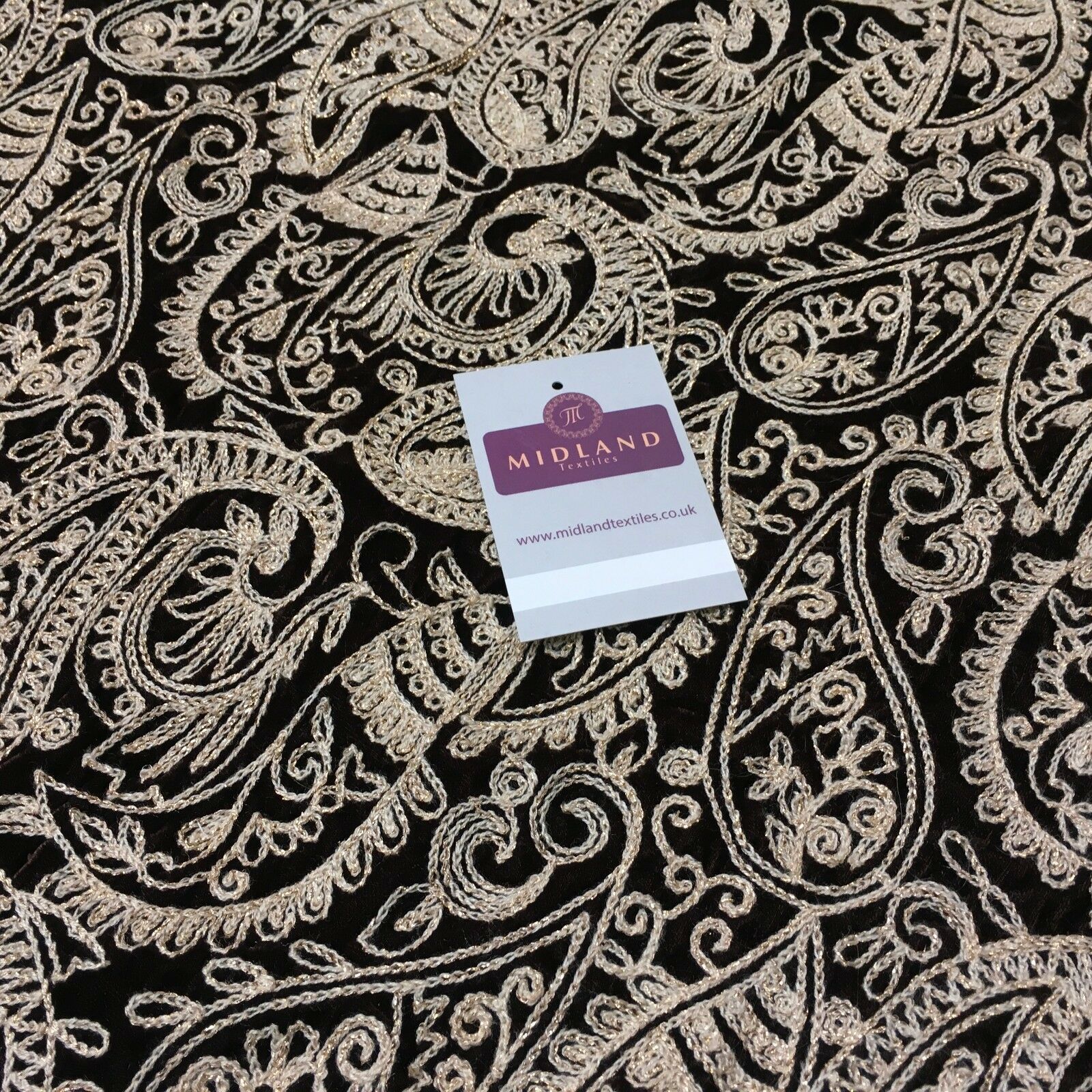 metallic thread Paisley Embroidered Micro Velvet Dress Fabric 40' M1038 Mtex