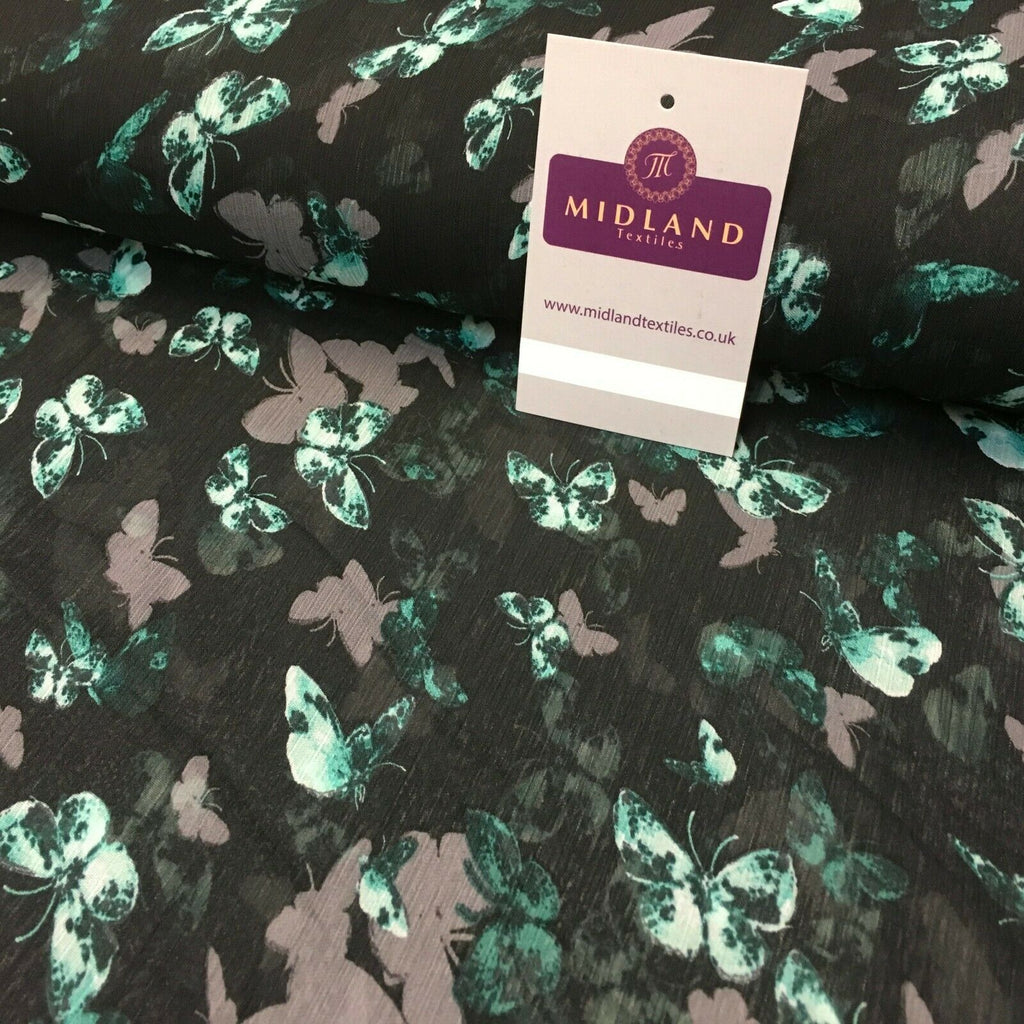 Black Green Butterfly Printed Crinkle Georgette Chiffon Fabric 150cm MK1090-24