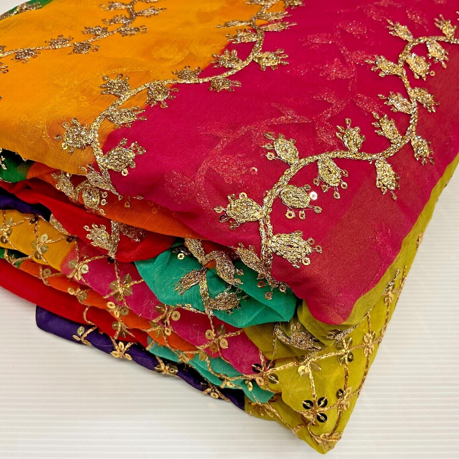 Indian Multicoloured Gold Embroidered Chiffon Skirt Fabric 100cm M1697 Mtex