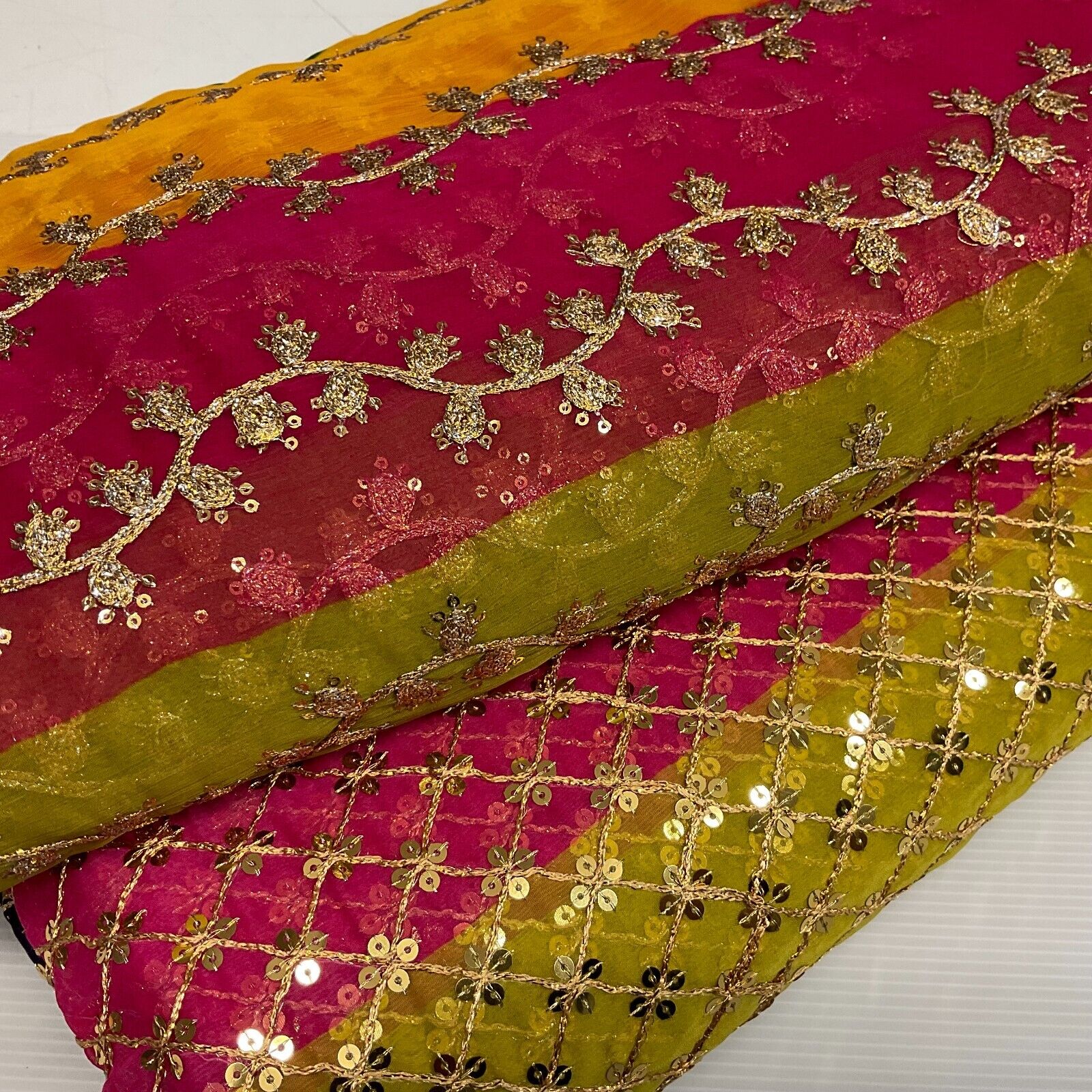 Indian Multicoloured Gold Embroidered Chiffon Skirt Fabric 100cm M1697 Mtex