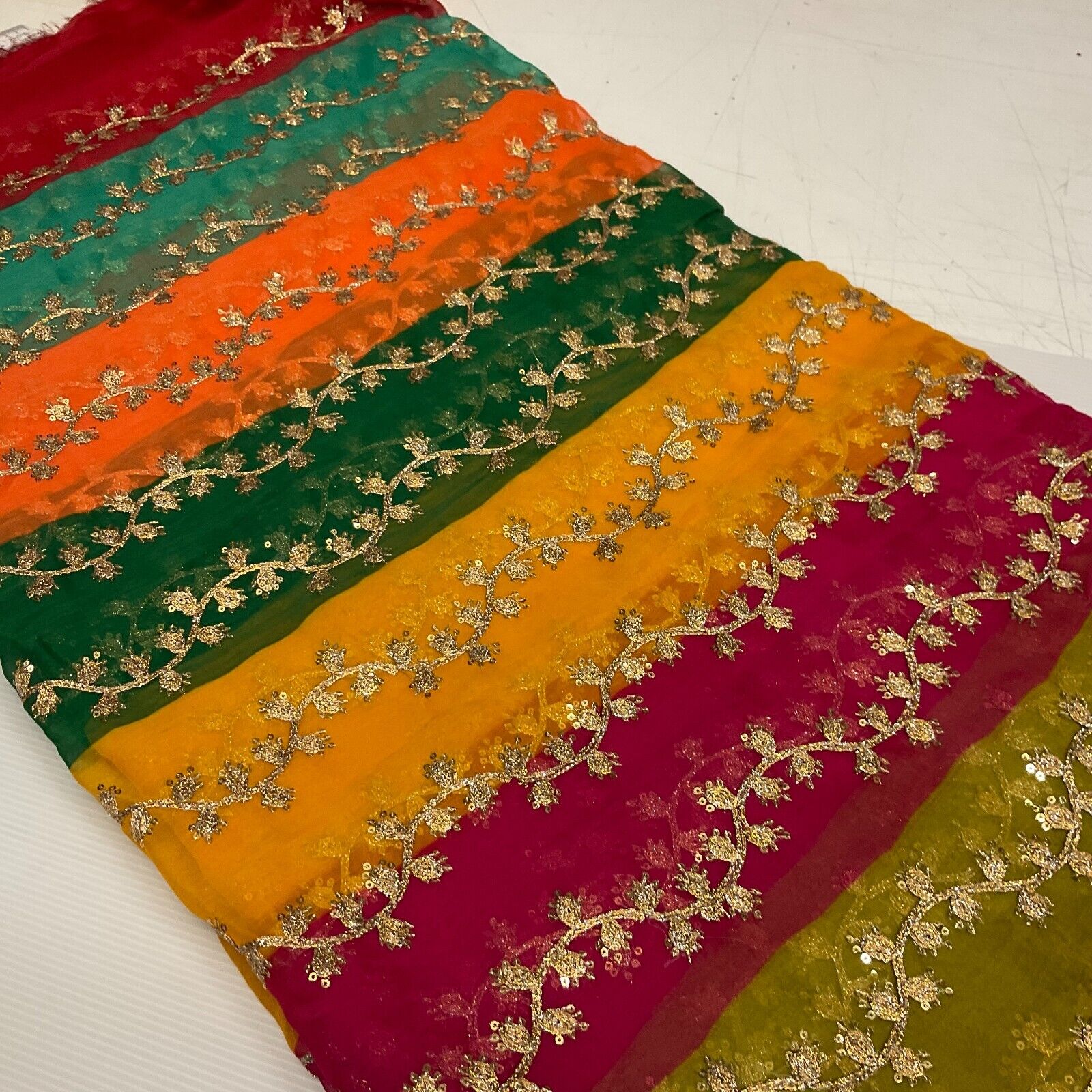 Indian Multicoloured Gold Embroidered Chiffon Skirt Fabric 100cm M1697 Mtex