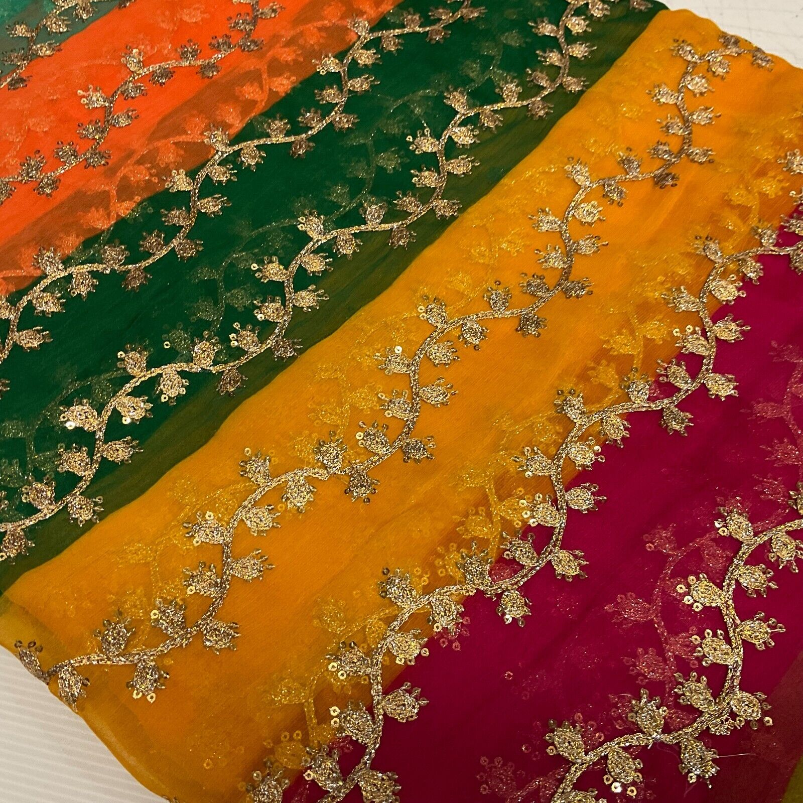 Indian Multicoloured Gold Embroidered Chiffon Skirt Fabric 100cm M1697 Mtex
