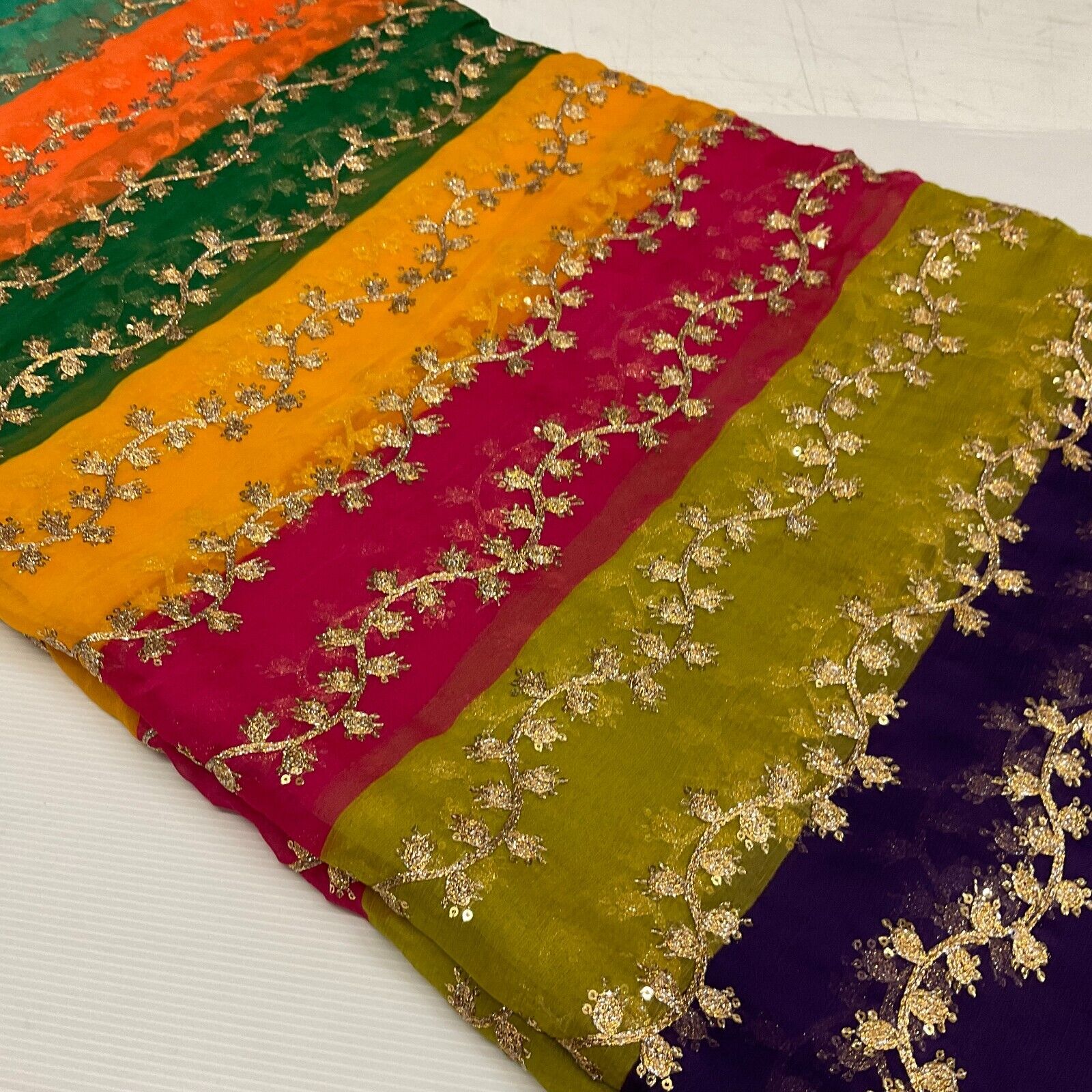 Indian Multicoloured Gold Embroidered Chiffon Skirt Fabric 100cm M1697 Mtex
