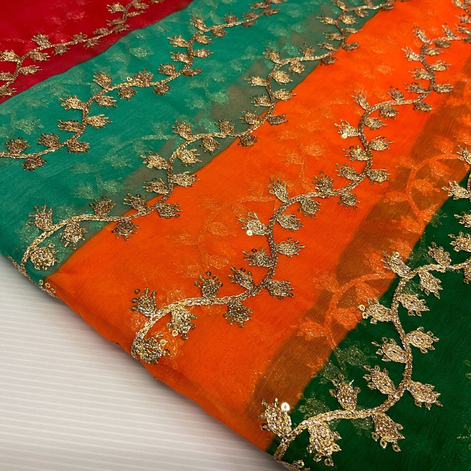 Indian Multicoloured Gold Embroidered Chiffon Skirt Fabric 100cm M1697 Mtex