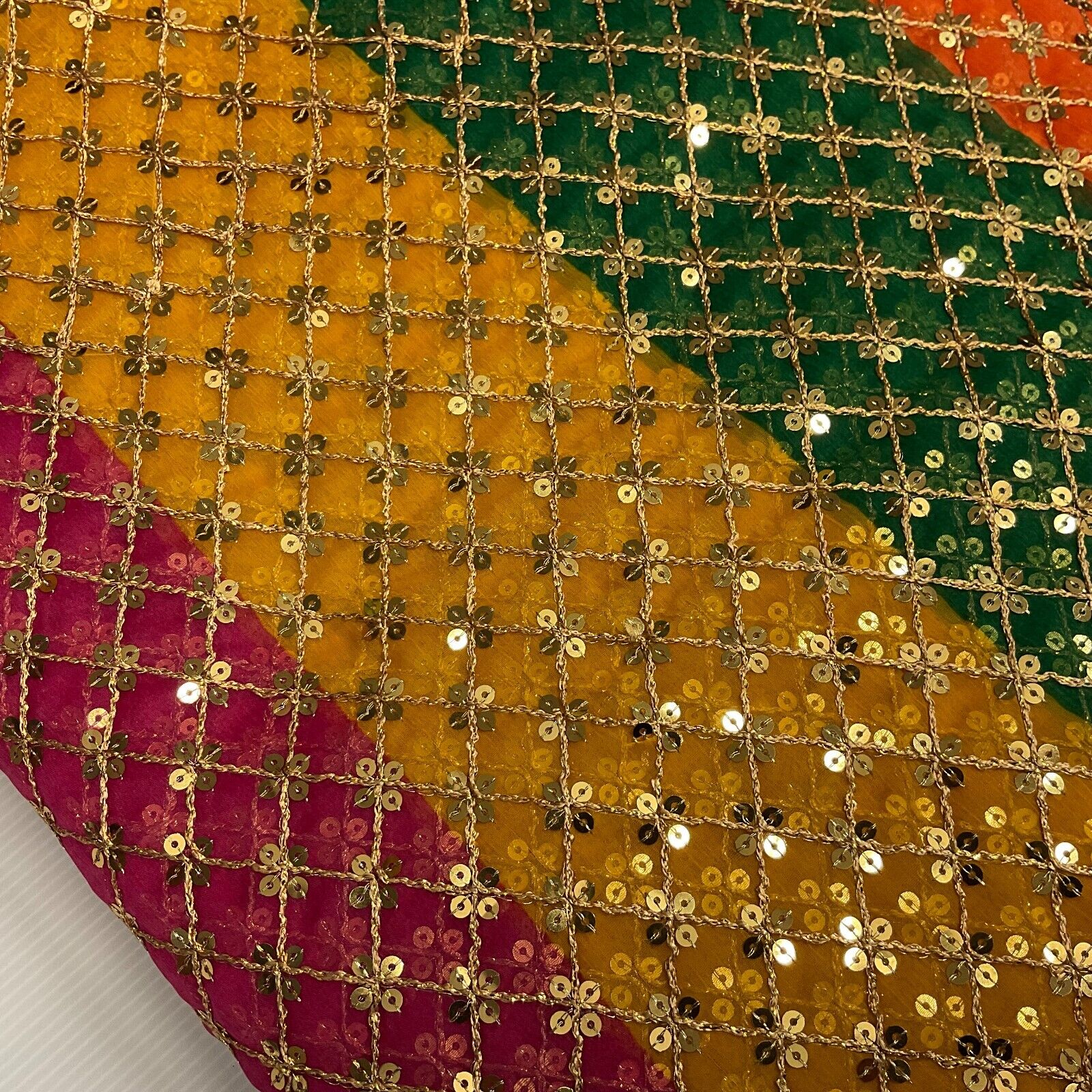 Indian Multicoloured Gold Embroidered Chiffon Skirt Fabric 100cm M1697 Mtex