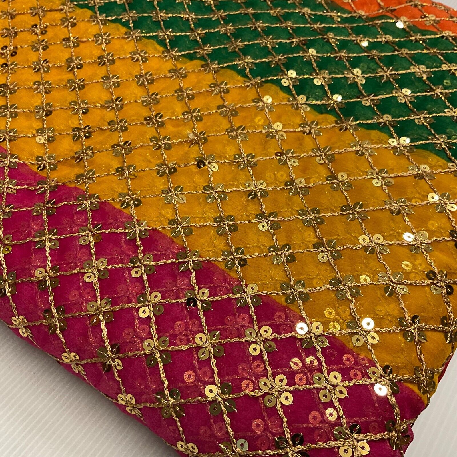 Indian Multicoloured Gold Embroidered Chiffon Skirt Fabric 100cm M1697 Mtex