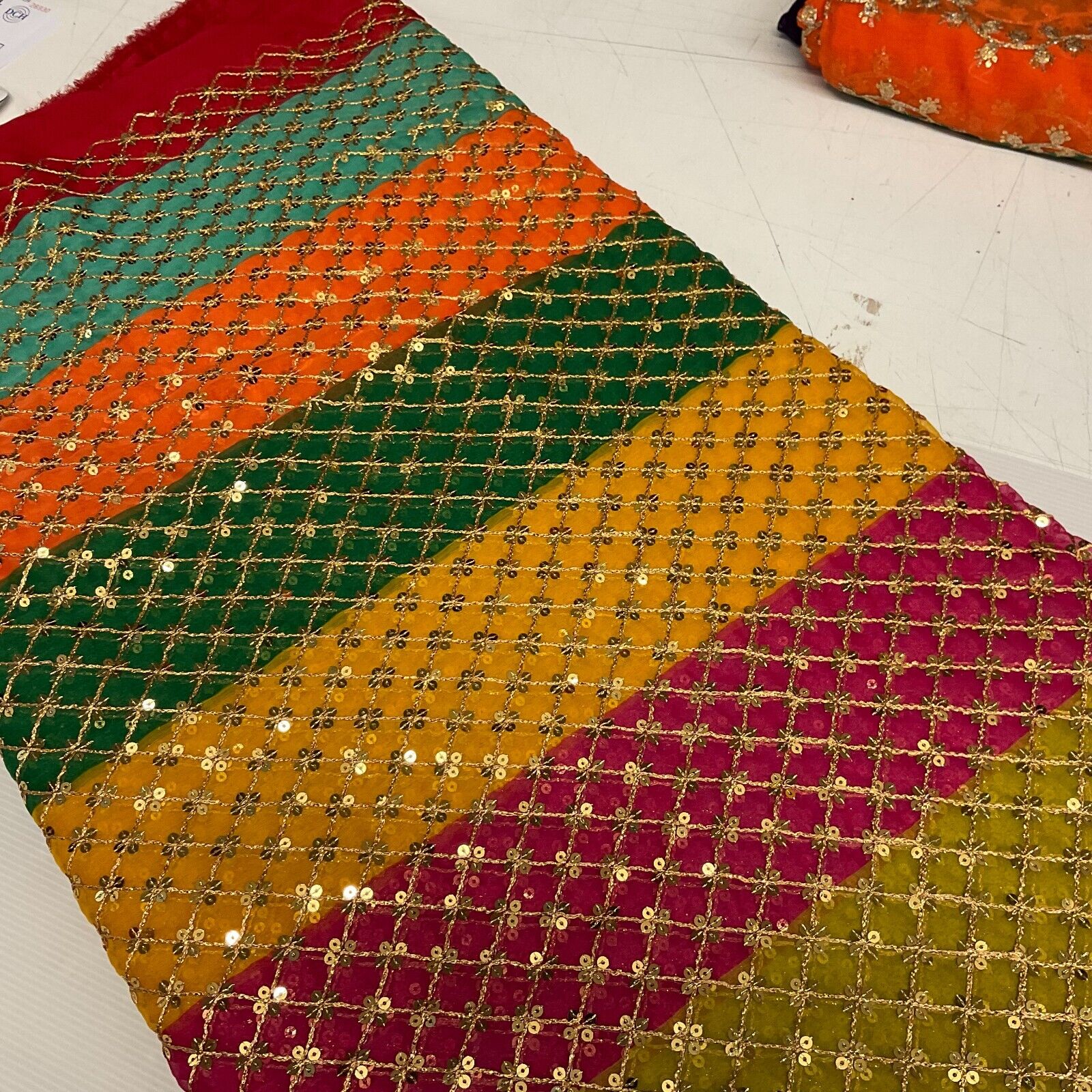 Indian Multicoloured Gold Embroidered Chiffon Skirt Fabric 100cm M1697 Mtex