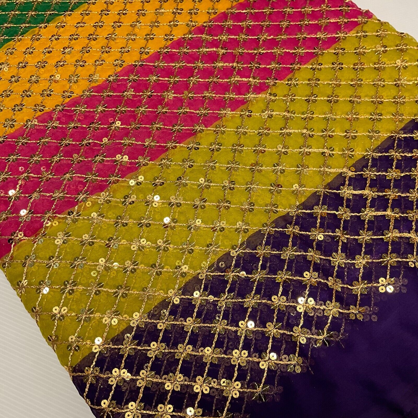 Indian Multicoloured Gold Embroidered Chiffon Skirt Fabric 100cm M1697 Mtex