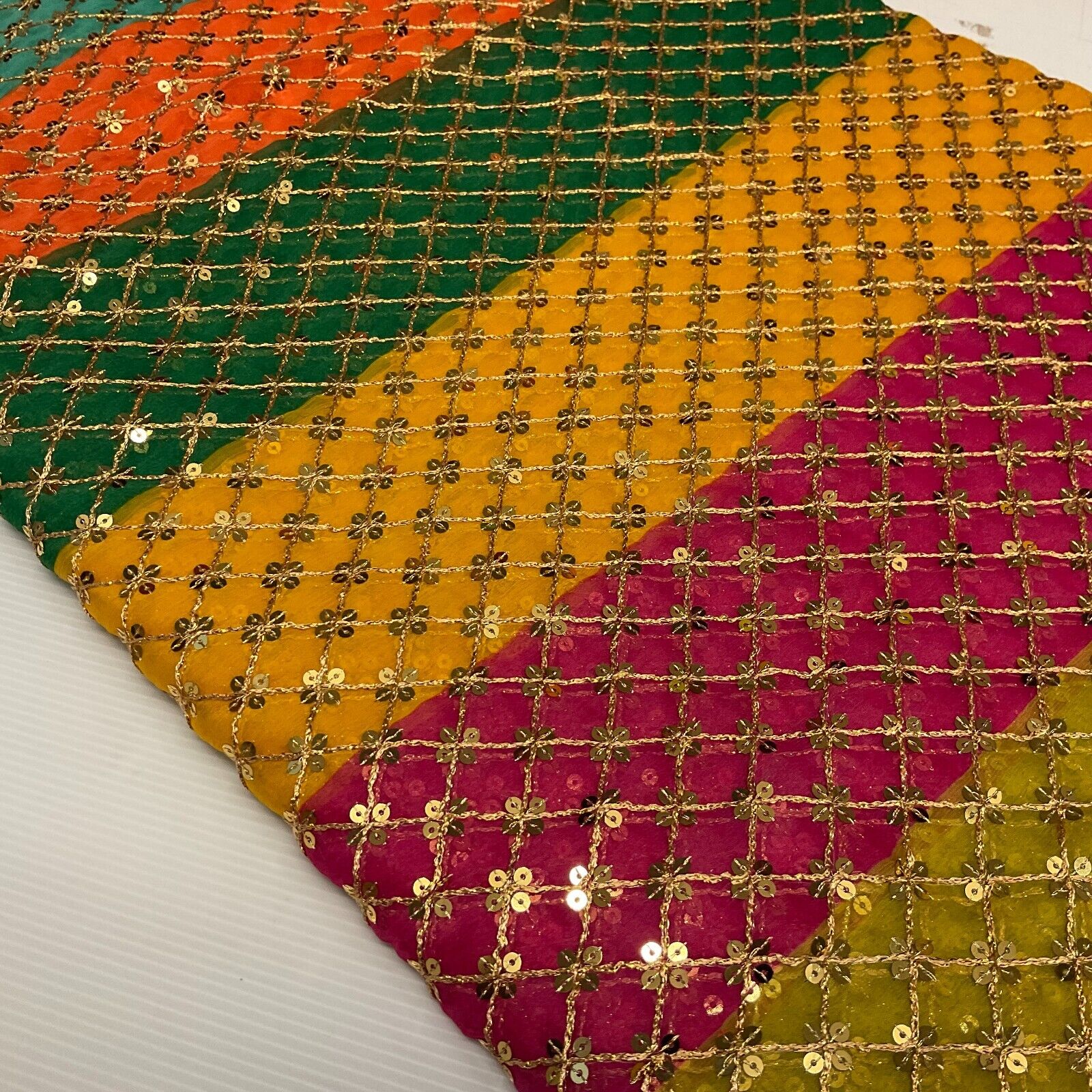 Indian Multicoloured Gold Embroidered Chiffon Skirt Fabric 100cm M1697 Mtex